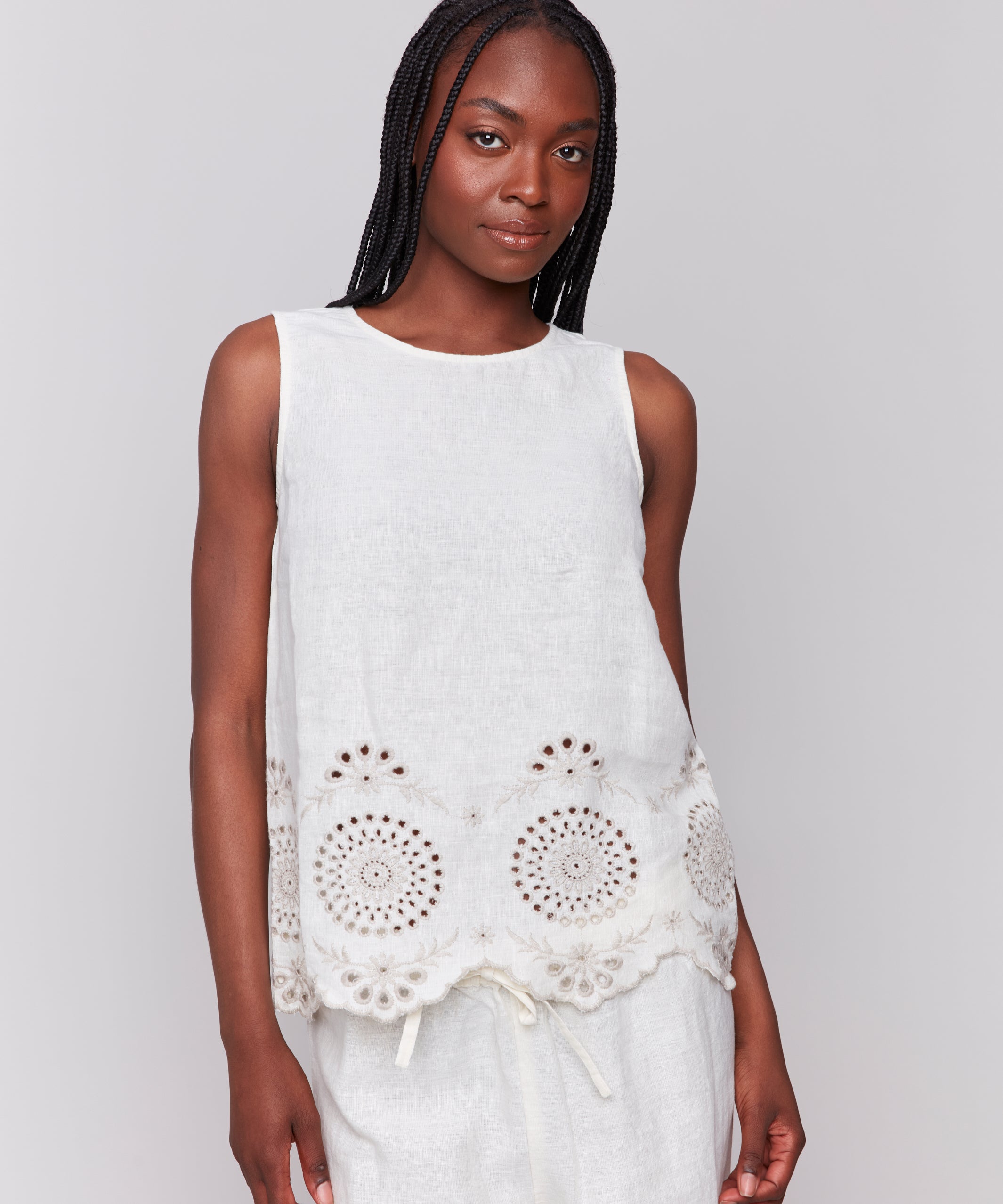 Sleeveless Linen Top with Eyelet Embroidery - Sugar River Shoppe