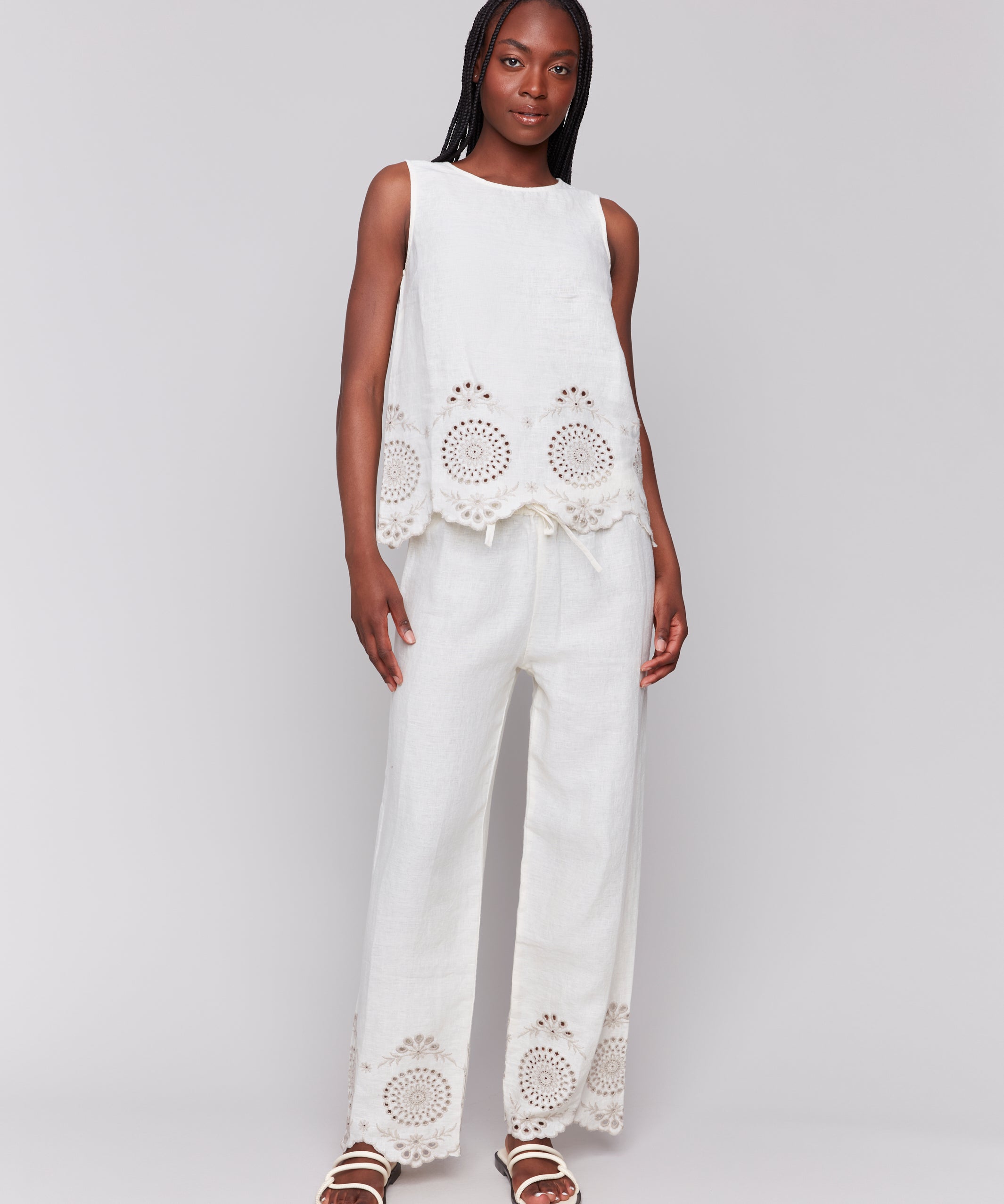Sleeveless Linen Top with Eyelet Embroidery - Sugar River Shoppe