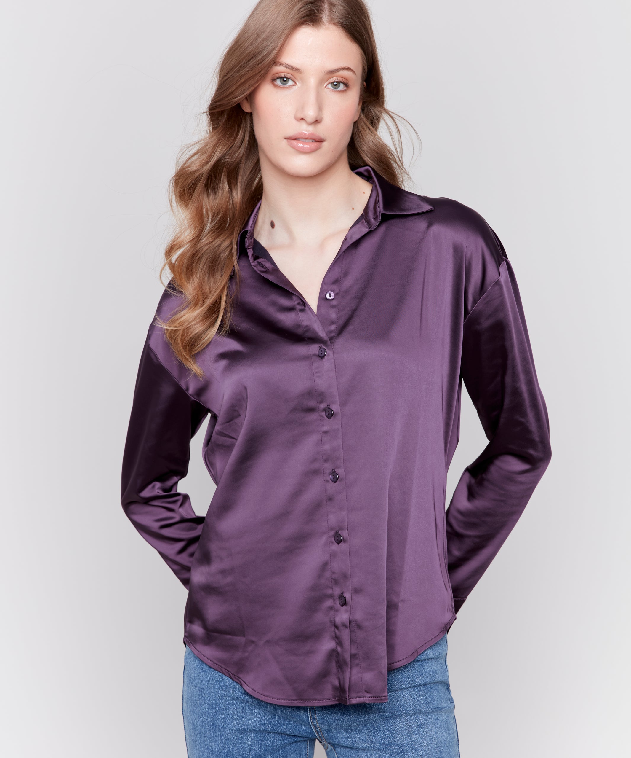 Solid Gutsy Satin Button-Down Shirt - Sugar River Shoppe