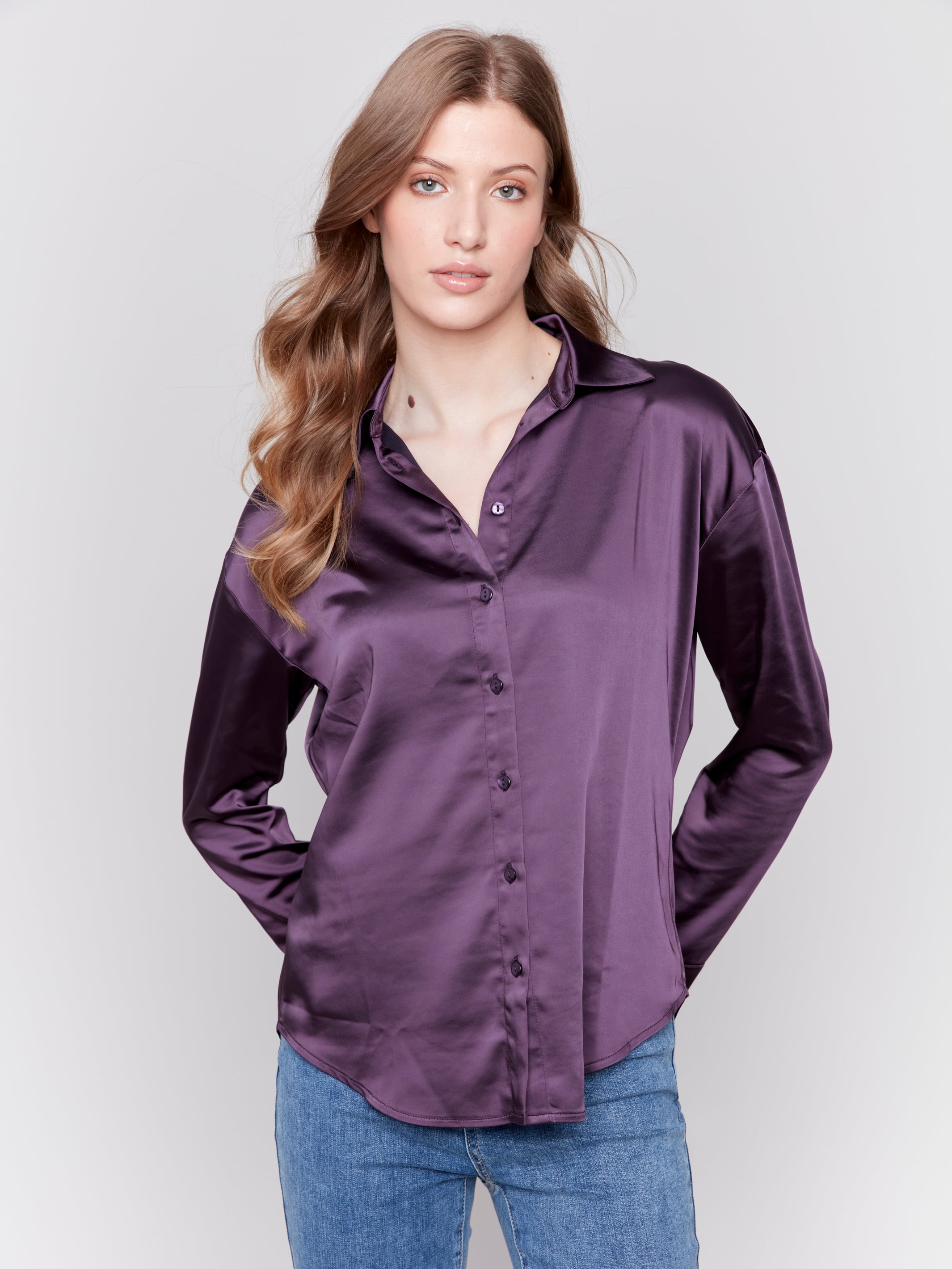Solid Gutsy Satin Button-Down Shirt - Sugar River Shoppe