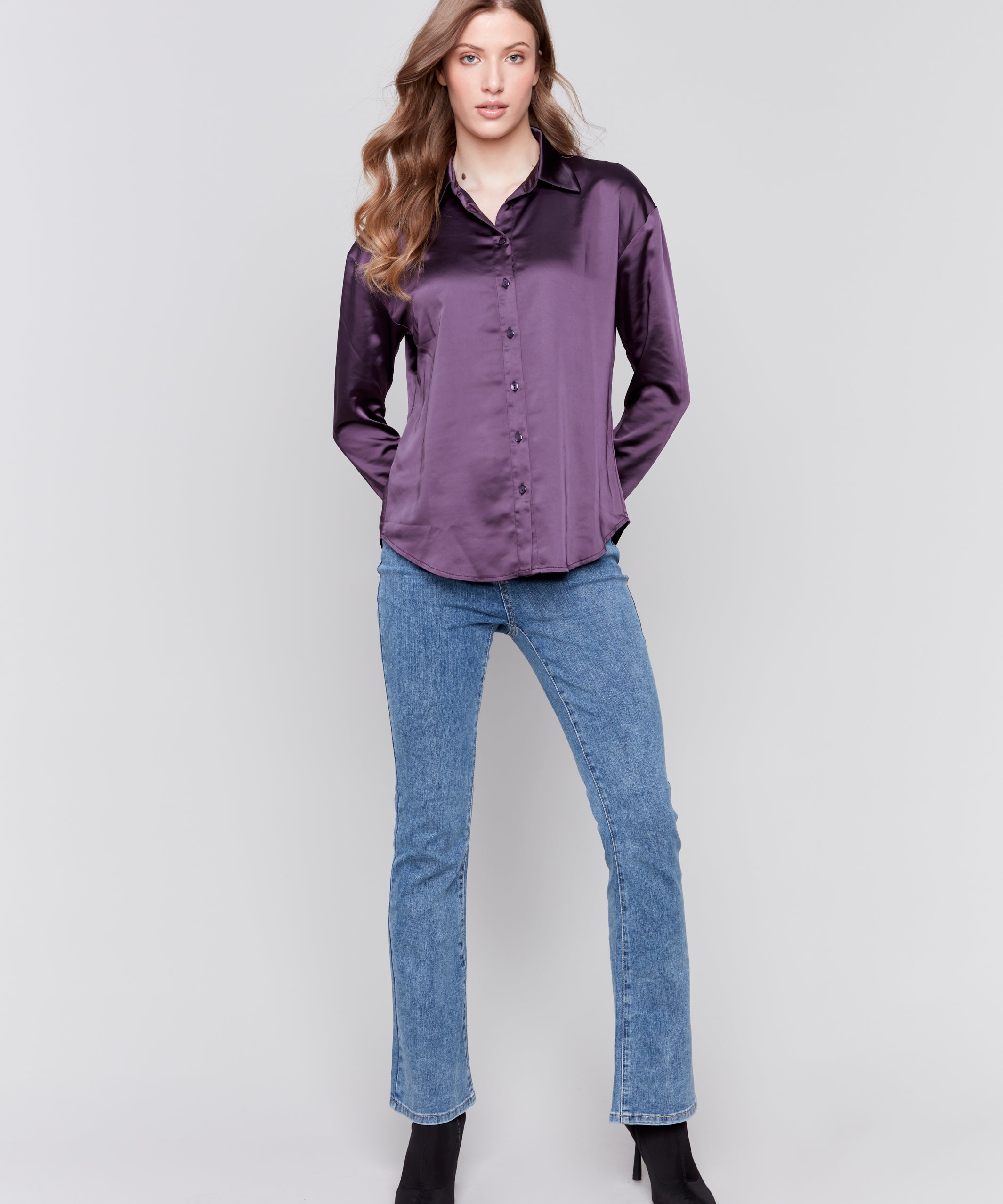 Solid Gutsy Satin Button-Down Shirt - Sugar River Shoppe