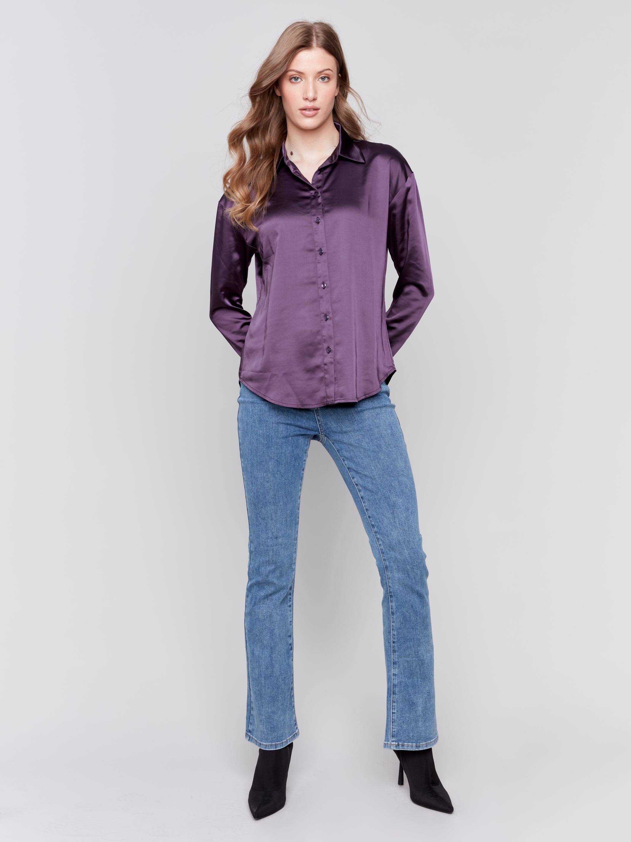 Solid Gutsy Satin Button-Down Shirt - Sugar River Shoppe