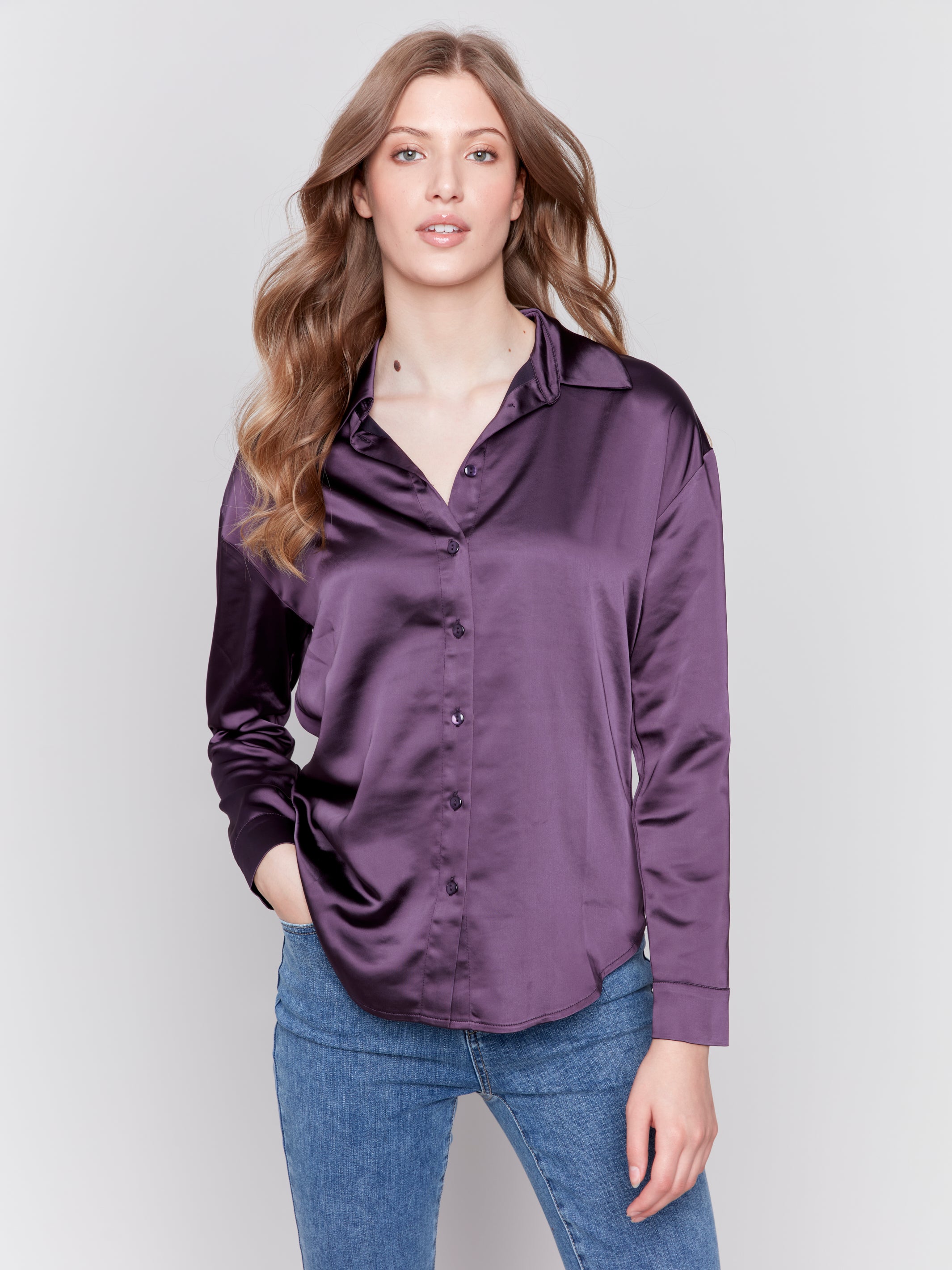 Solid Gutsy Satin Button-Down Shirt - Sugar River Shoppe