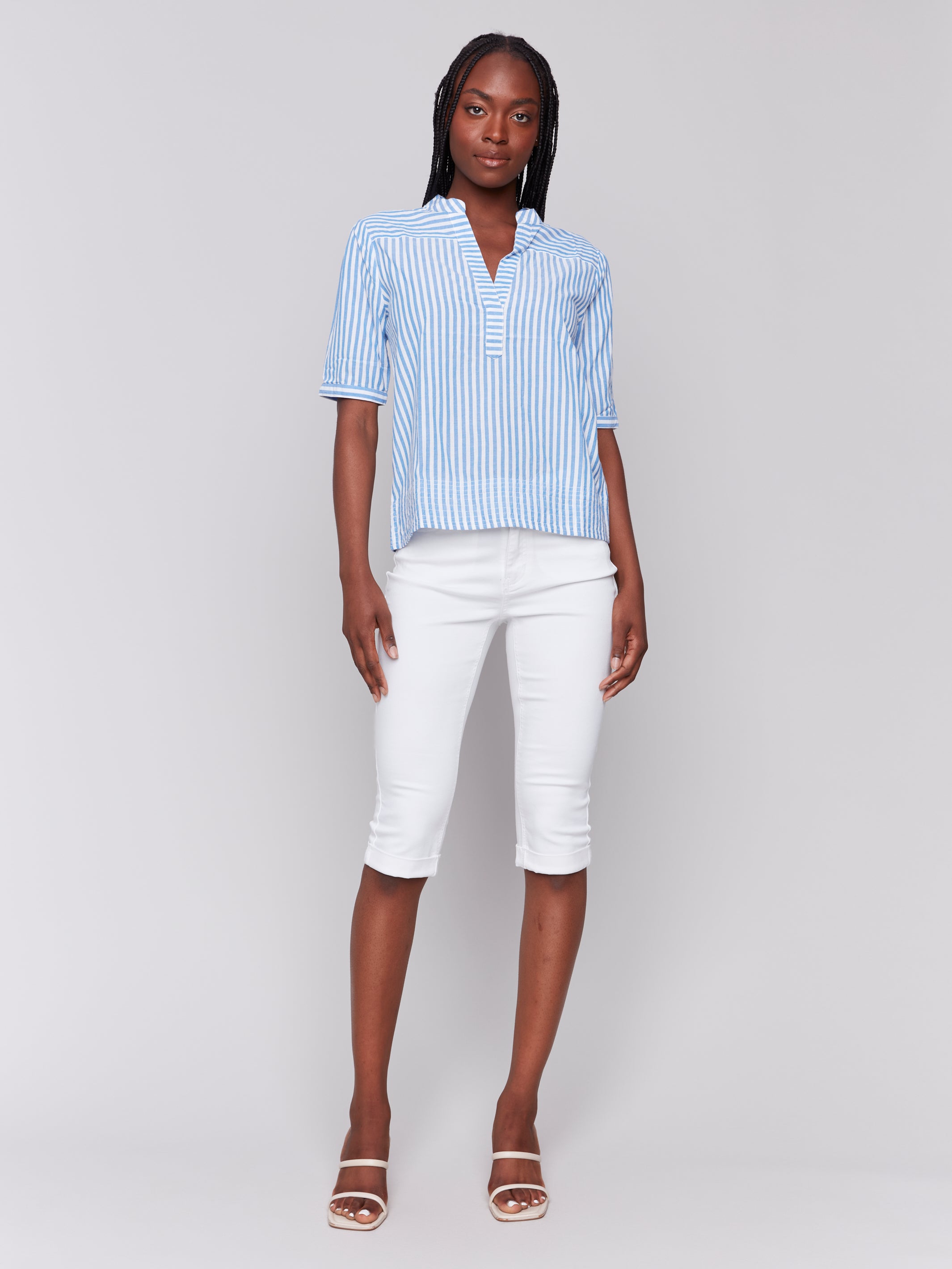 Striped Short Sleeve Popover Blouse - Sugar River Shoppe