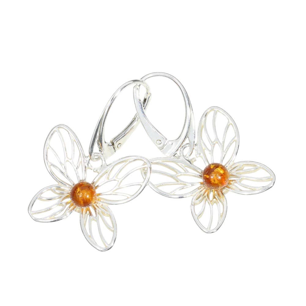 Cognac Amber Sterling Silver Butterfly Earrings On Hooks - Amberman - 90325032 - Sugar River Shoppe - 