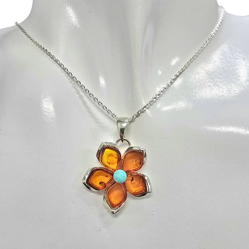 Cognac Amber / Turquoise Flower Pendant - Amberman - 17007144 - Sugar River Shoppe - 
