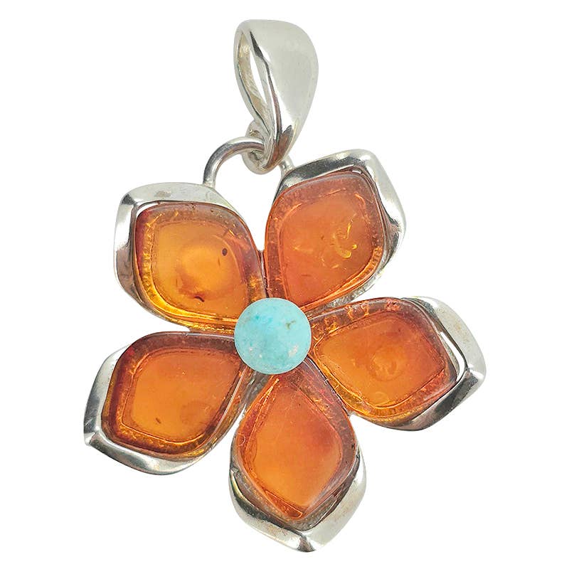 Cognac Amber / Turquoise Flower Pendant - Amberman - 17007144 - Sugar River Shoppe - 