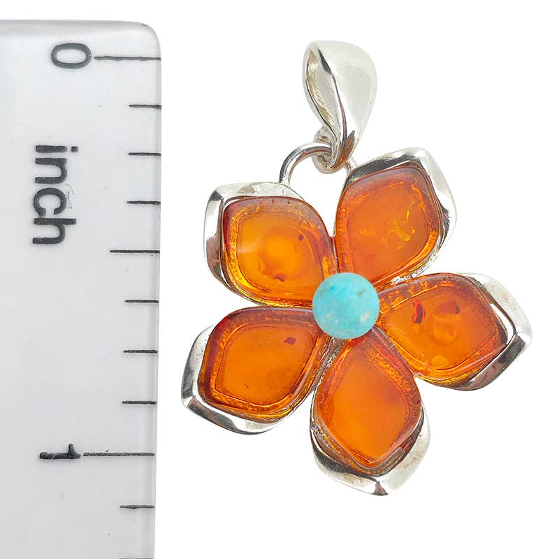 Cognac Amber / Turquoise Flower Pendant - Amberman - 17007144 - Sugar River Shoppe - 