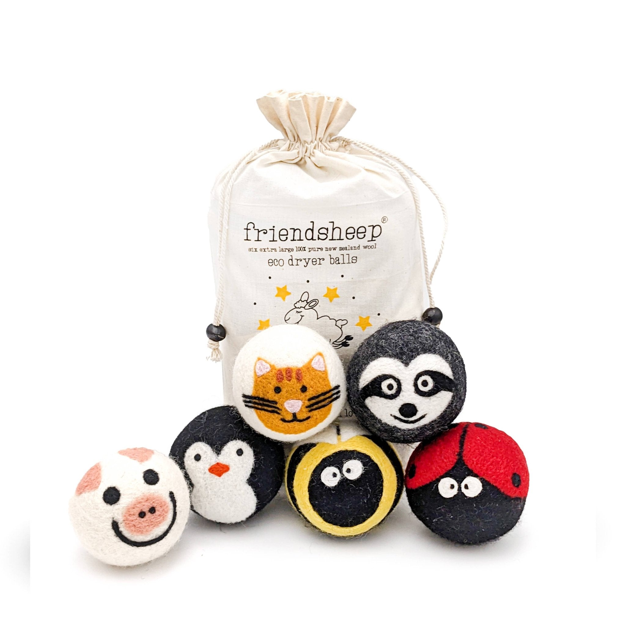 Critter Camp Eco Wool Dryer Balls - bee, pig, cat, sloth,... - Friendsheep - 722698950596 - Sugar River Shoppe - 