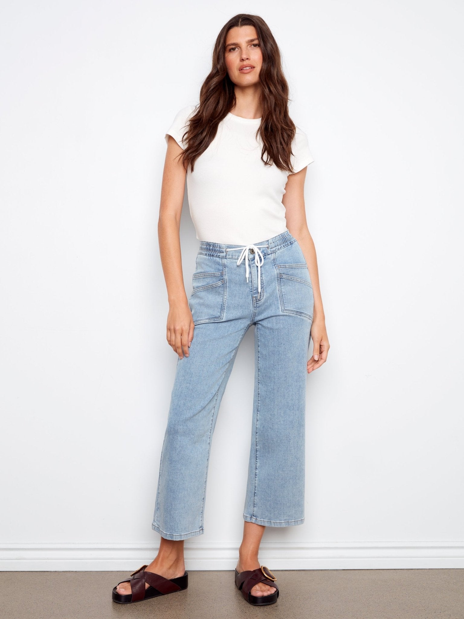 Drawstring Wide Leg Denim Pants with Patch Pocket - Charlie B - 690178731877 - Sugar River Shoppe - 