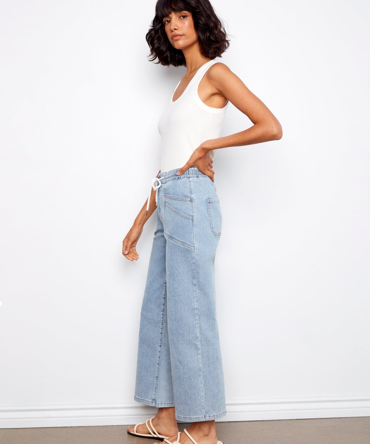 Drawstring Wide Leg Denim Pants with Patch Pocket - Charlie B - 690178731877 - Sugar River Shoppe - 