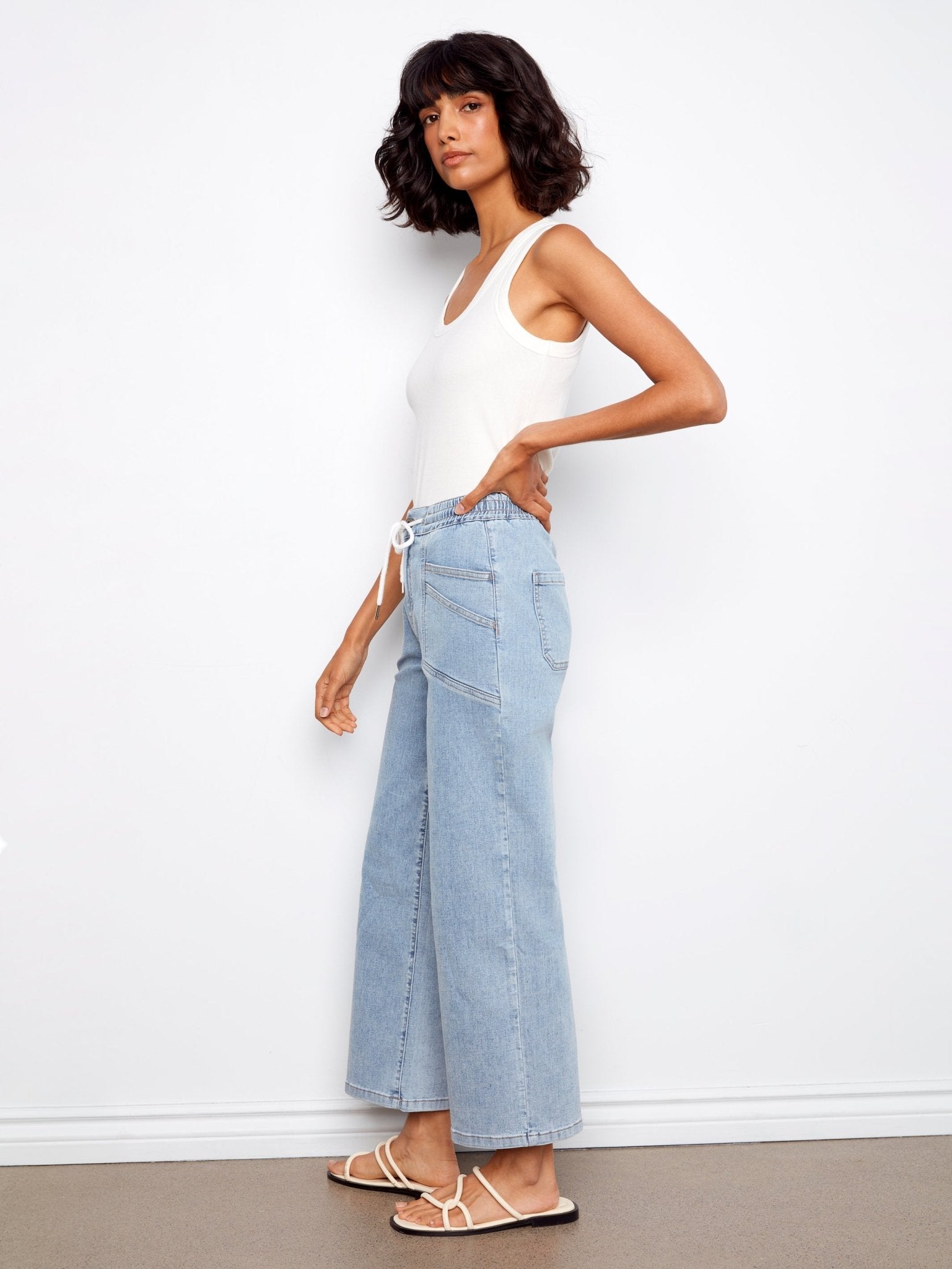 Drawstring Wide Leg Denim Pants with Patch Pocket - Charlie B - 690178731877 - Sugar River Shoppe - 