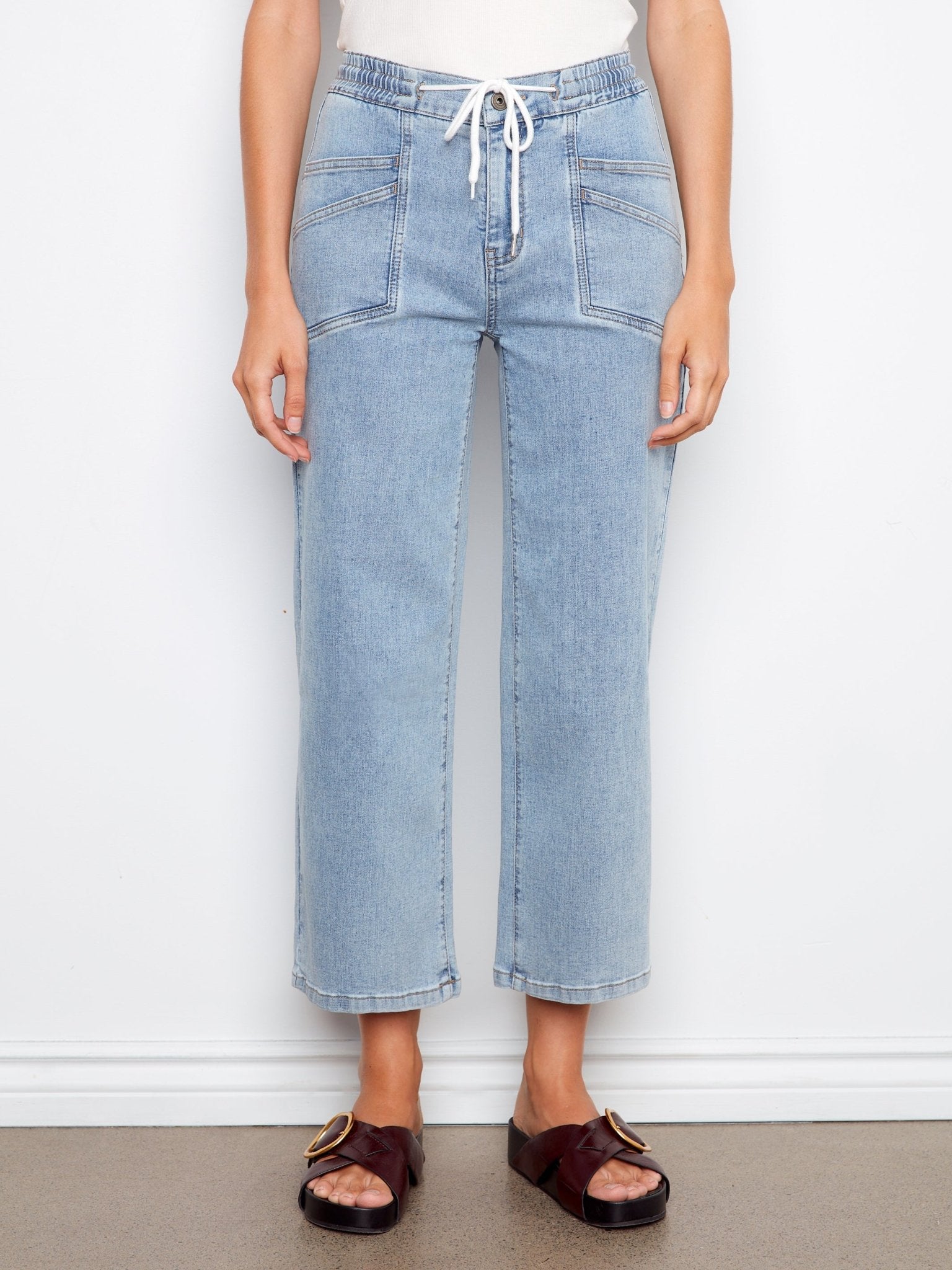 Drawstring Wide Leg Denim Pants with Patch Pocket - Charlie B - 690178731877 - Sugar River Shoppe - 