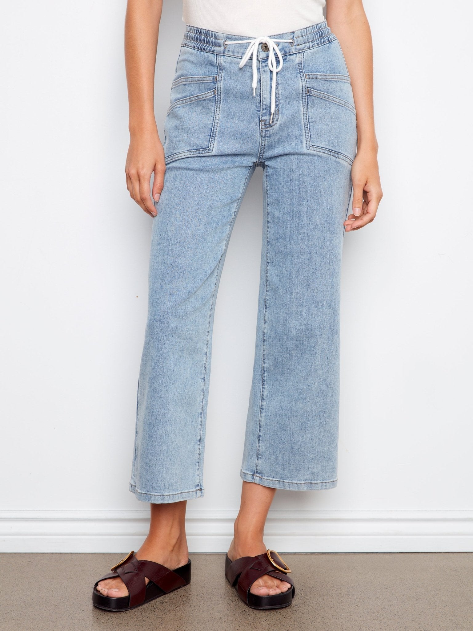 Drawstring Wide Leg Denim Pants with Patch Pocket - Charlie B - 690178731877 - Sugar River Shoppe - 