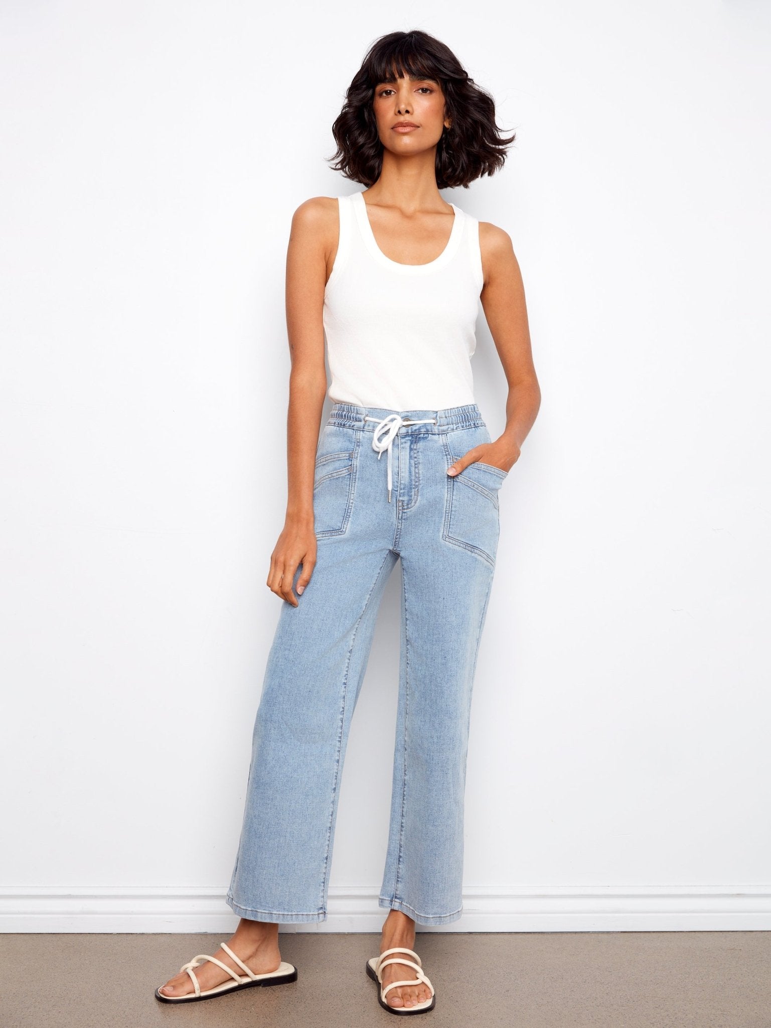 Drawstring Wide Leg Denim Pants with Patch Pocket - Charlie B - 690178731877 - Sugar River Shoppe - 