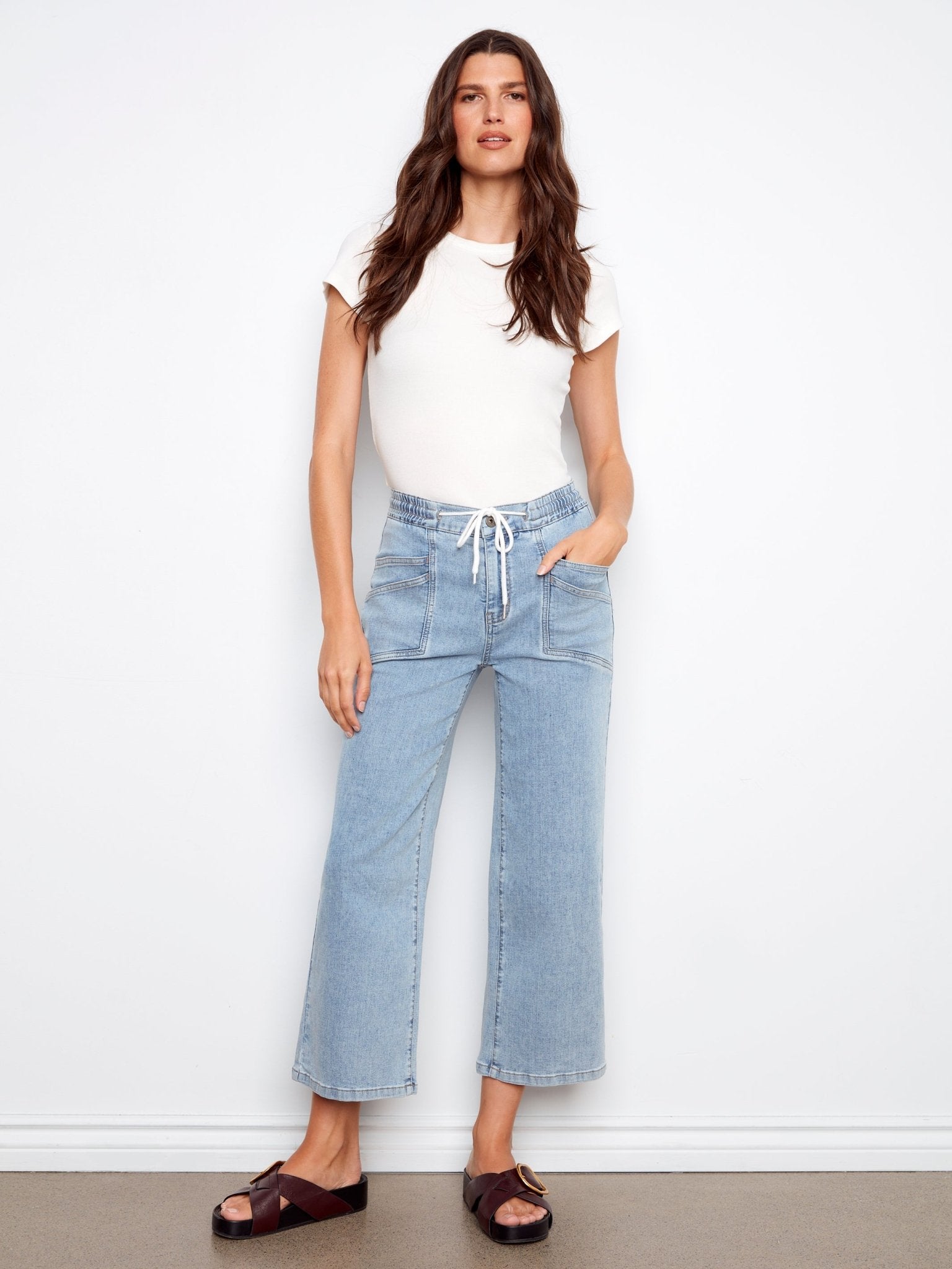 Drawstring Wide Leg Denim Pants with Patch Pocket - Charlie B - 690178731877 - Sugar River Shoppe - 