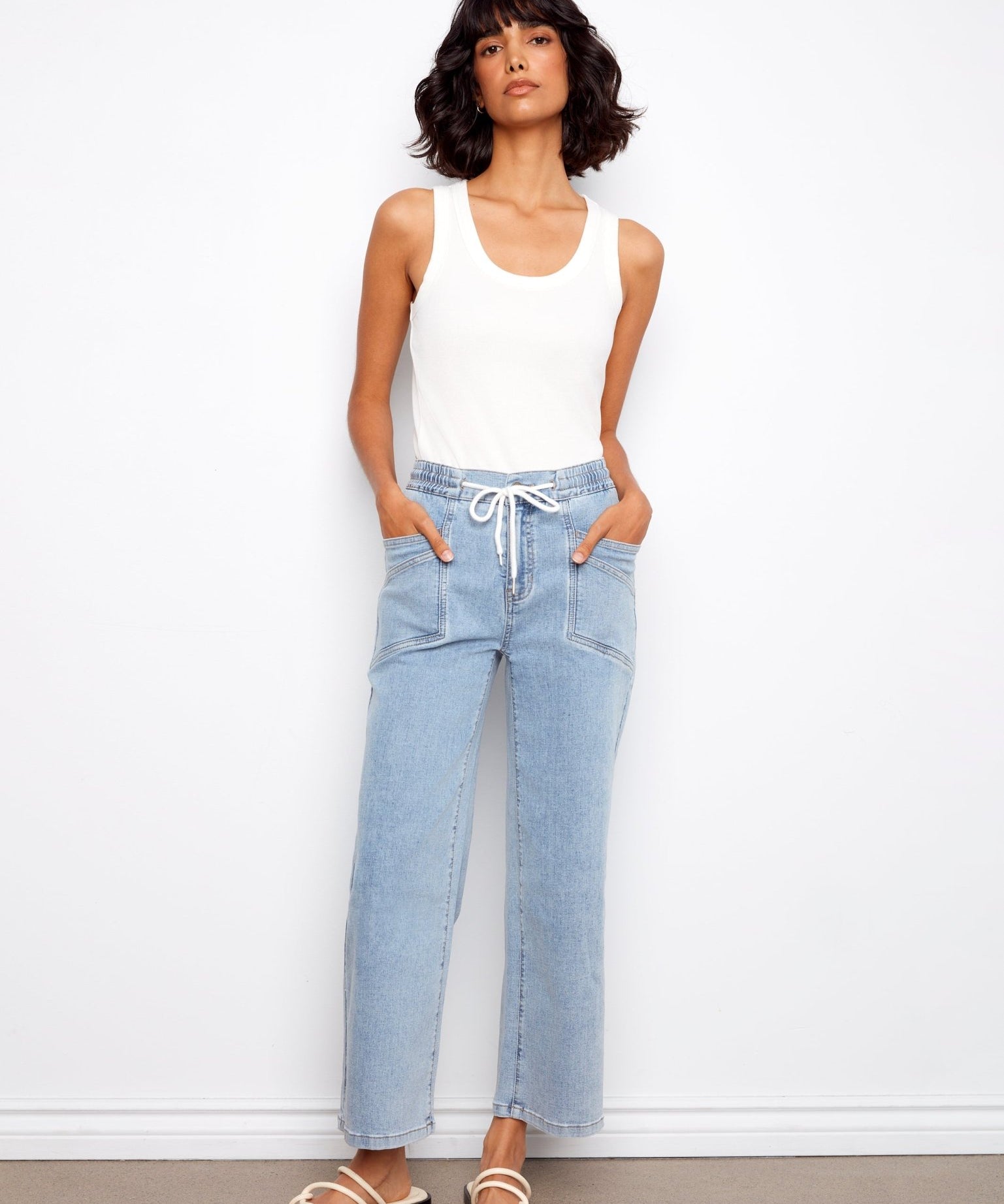 Drawstring Wide Leg Denim Pants with Patch Pocket - Charlie B - 690178731877 - Sugar River Shoppe - 