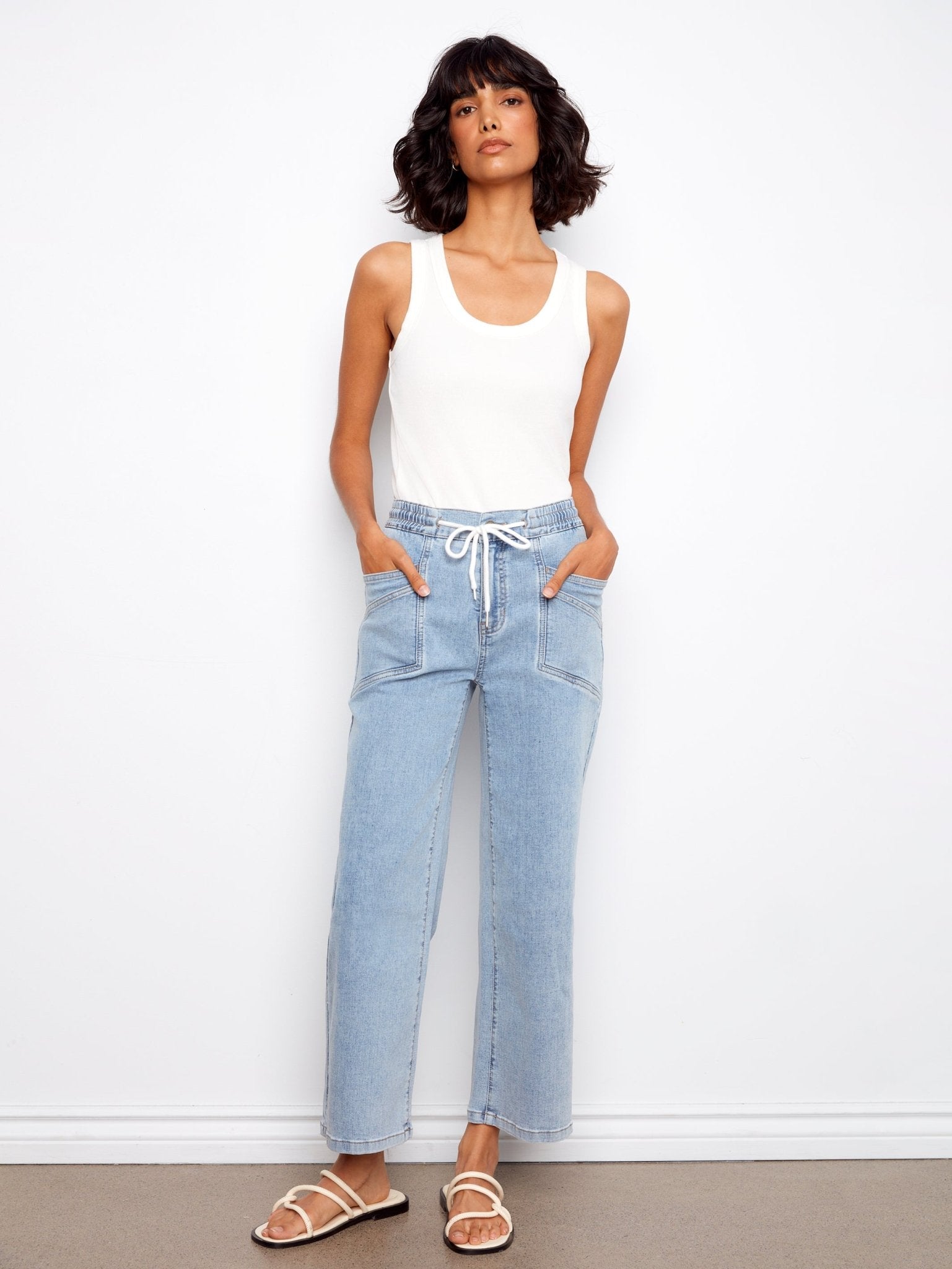 Drawstring Wide Leg Denim Pants with Patch Pocket - Charlie B - 690178731877 - Sugar River Shoppe - 