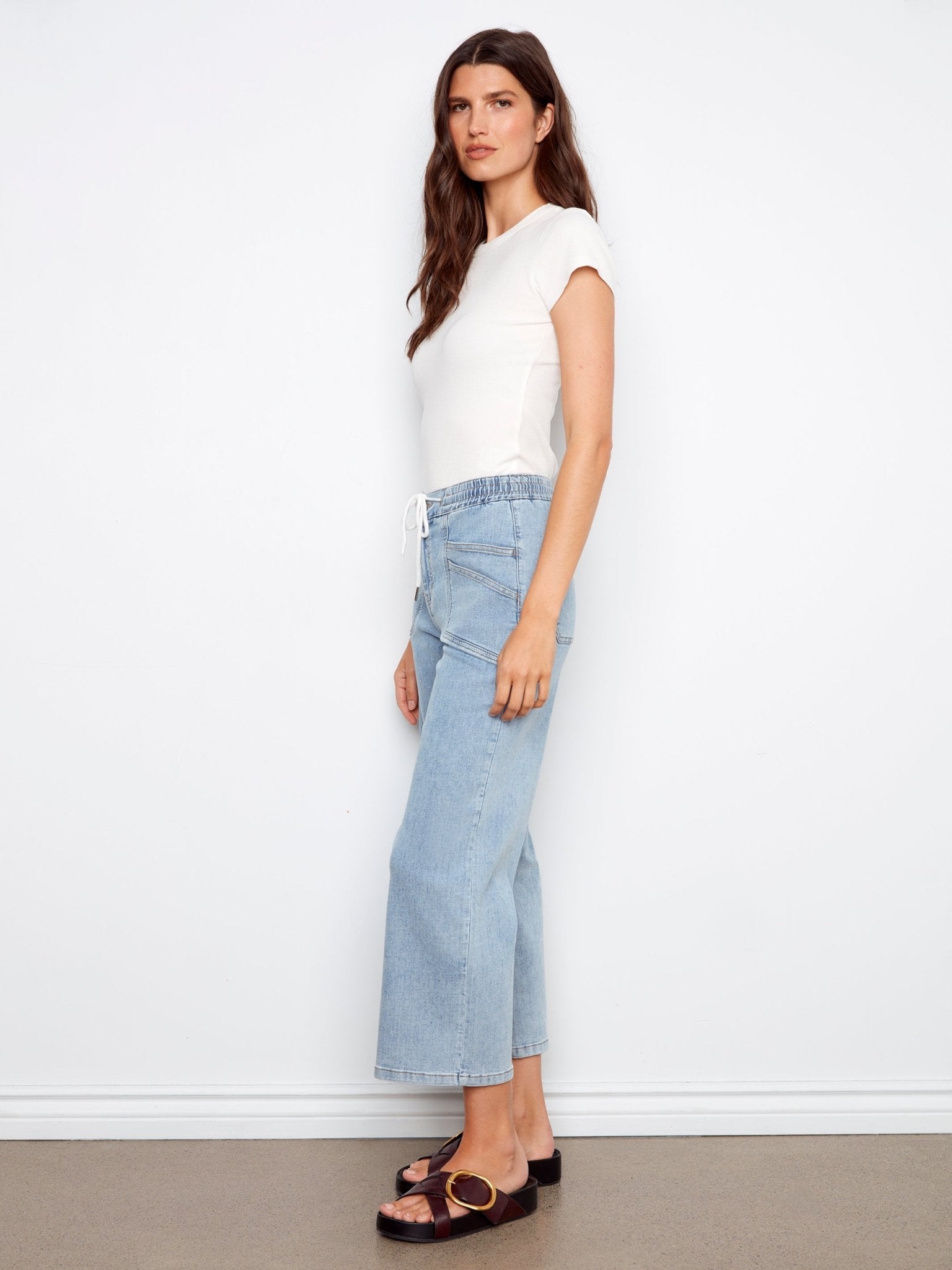 Drawstring Wide Leg Denim Pants with Patch Pocket - Charlie B - 690178731877 - Sugar River Shoppe - 