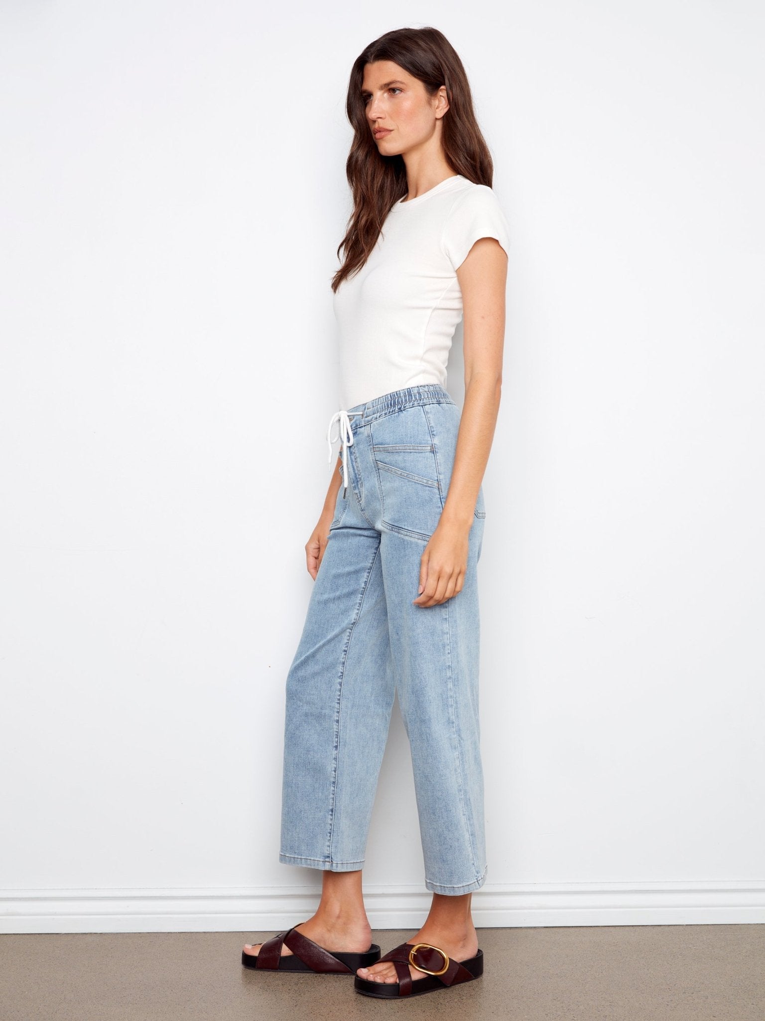 Drawstring Wide Leg Denim Pants with Patch Pocket - Charlie B - 690178731877 - Sugar River Shoppe - 