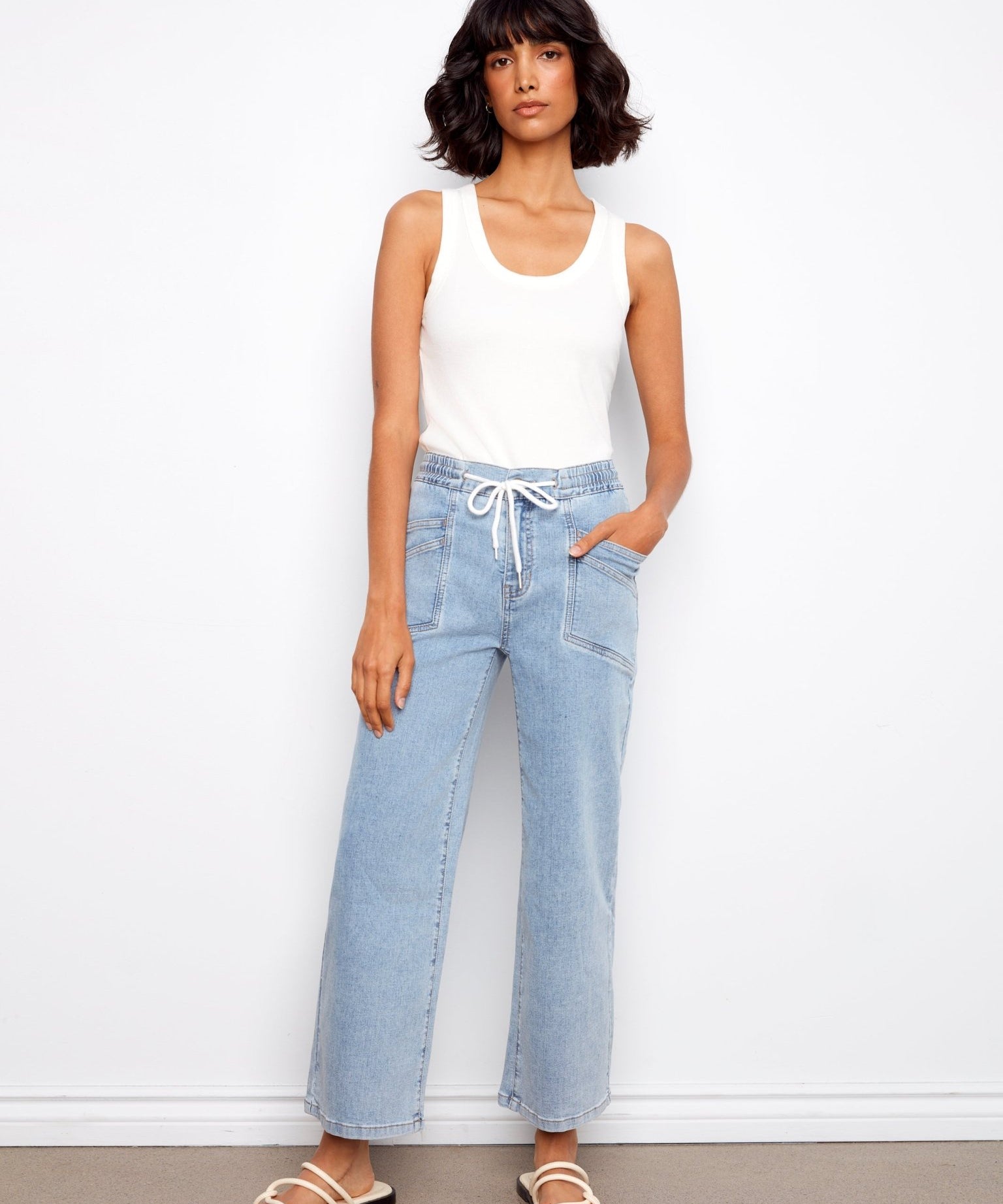 Drawstring Wide Leg Denim Pants with Patch Pocket - Charlie B - 690178731877 - Sugar River Shoppe - 
