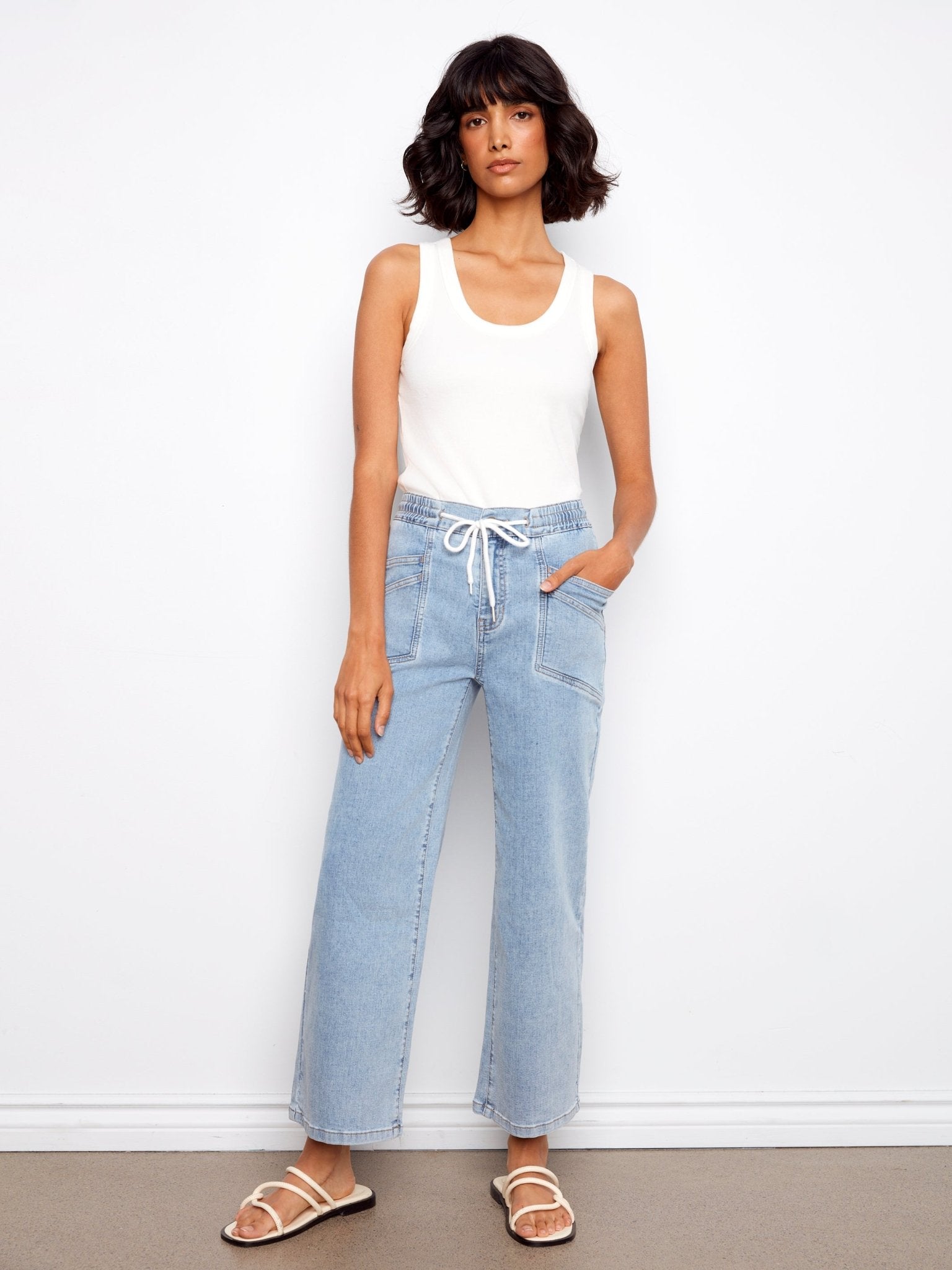 Drawstring Wide Leg Denim Pants with Patch Pocket - Charlie B - 690178731877 - Sugar River Shoppe - 