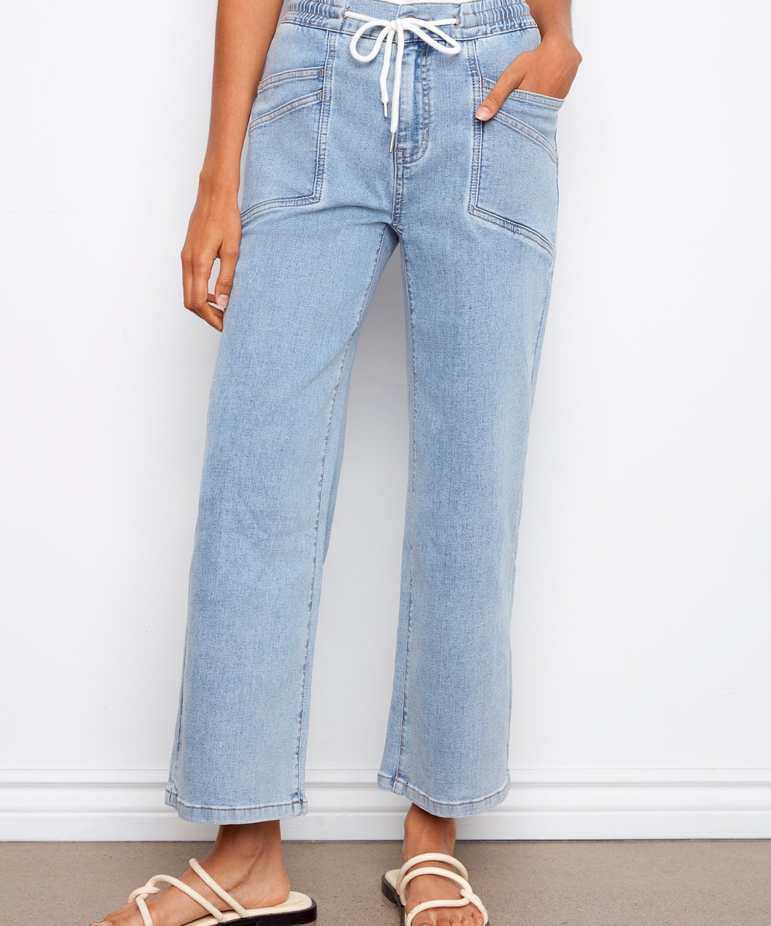 Drawstring Wide Leg Denim Pants with Patch Pocket - Charlie B - 690178731877 - Sugar River Shoppe - 