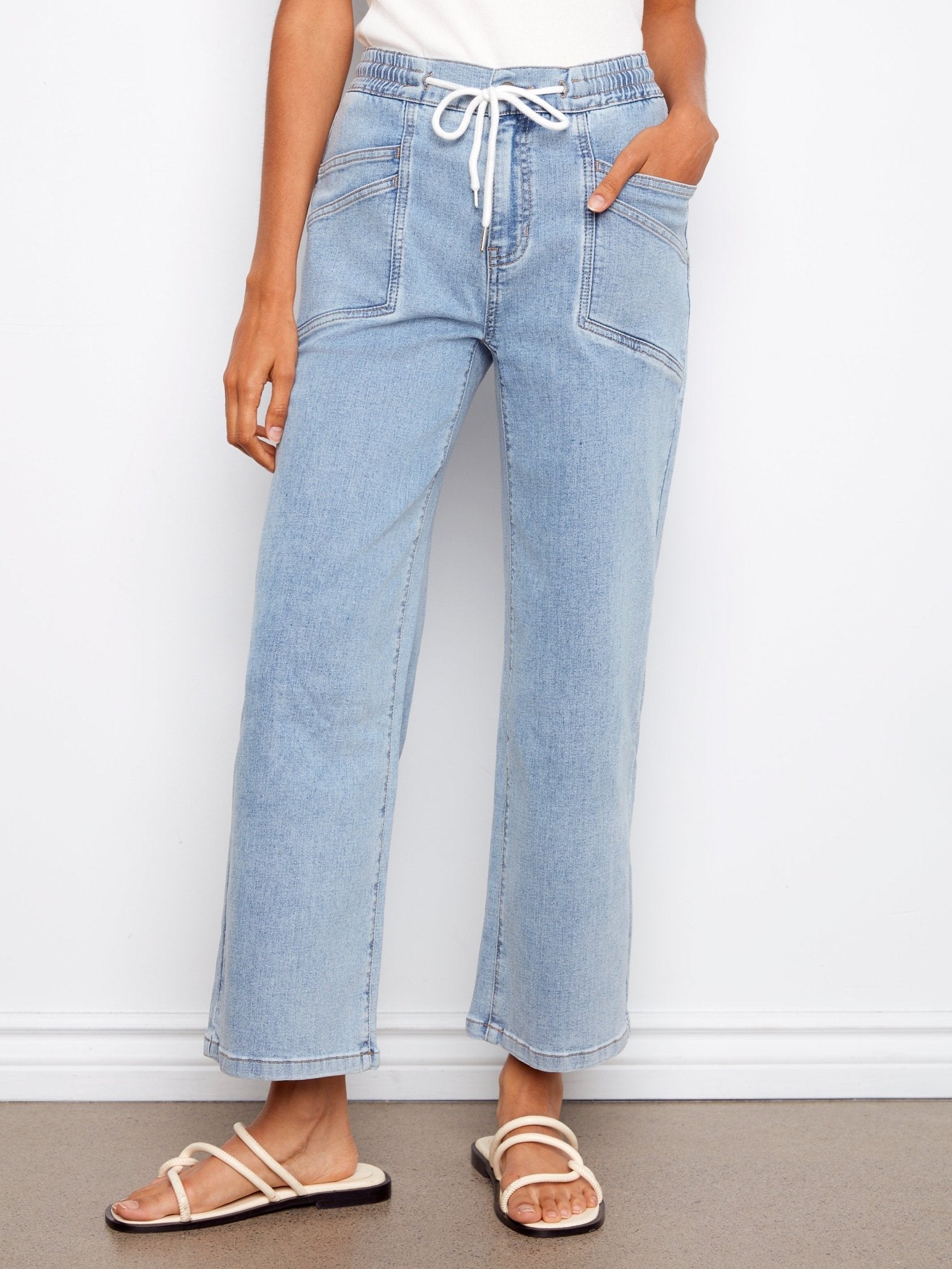 Drawstring Wide Leg Denim Pants with Patch Pocket - Charlie B - 690178731877 - Sugar River Shoppe - 