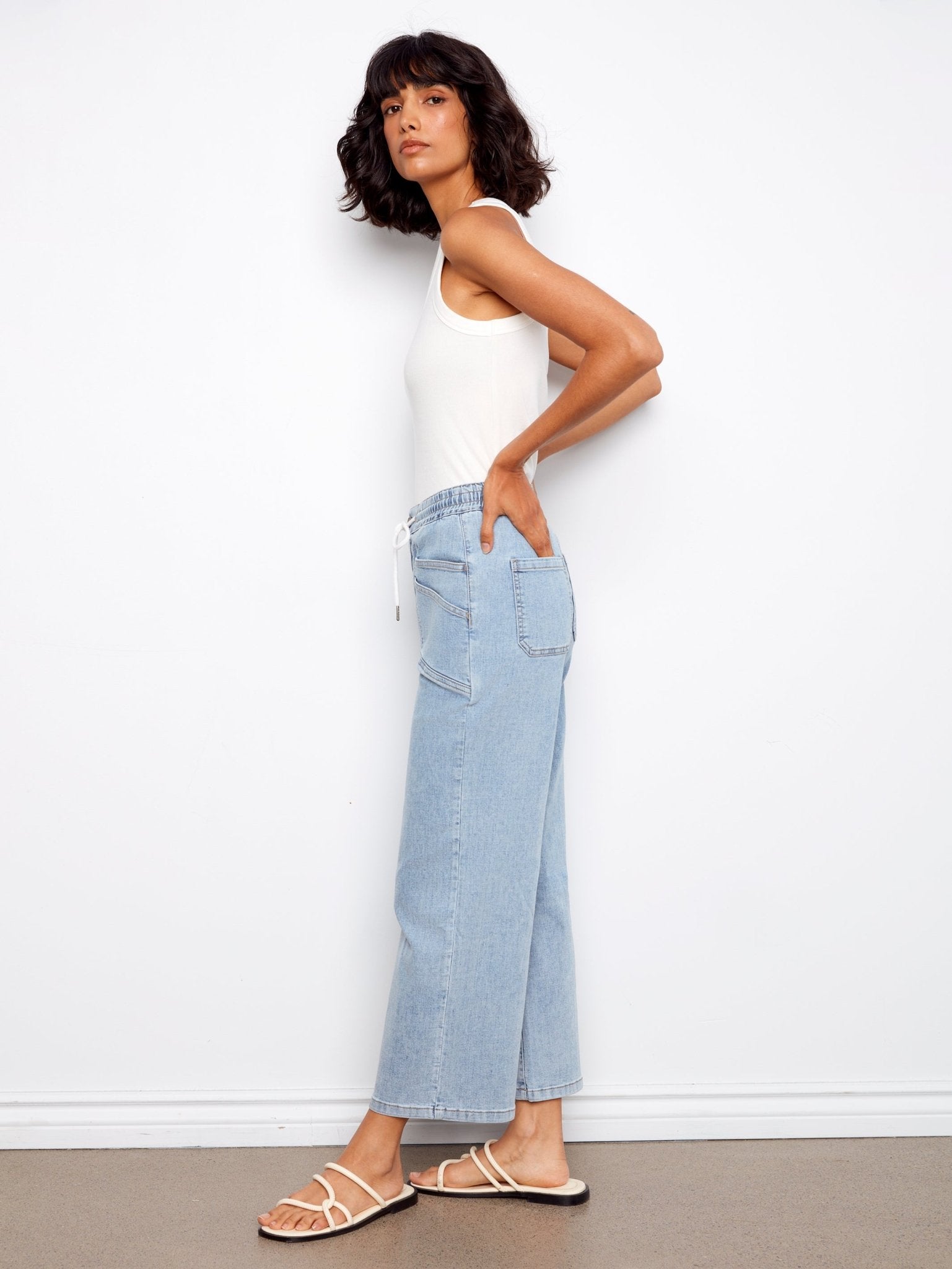 Drawstring Wide Leg Denim Pants with Patch Pocket - Charlie B - 690178731877 - Sugar River Shoppe - 