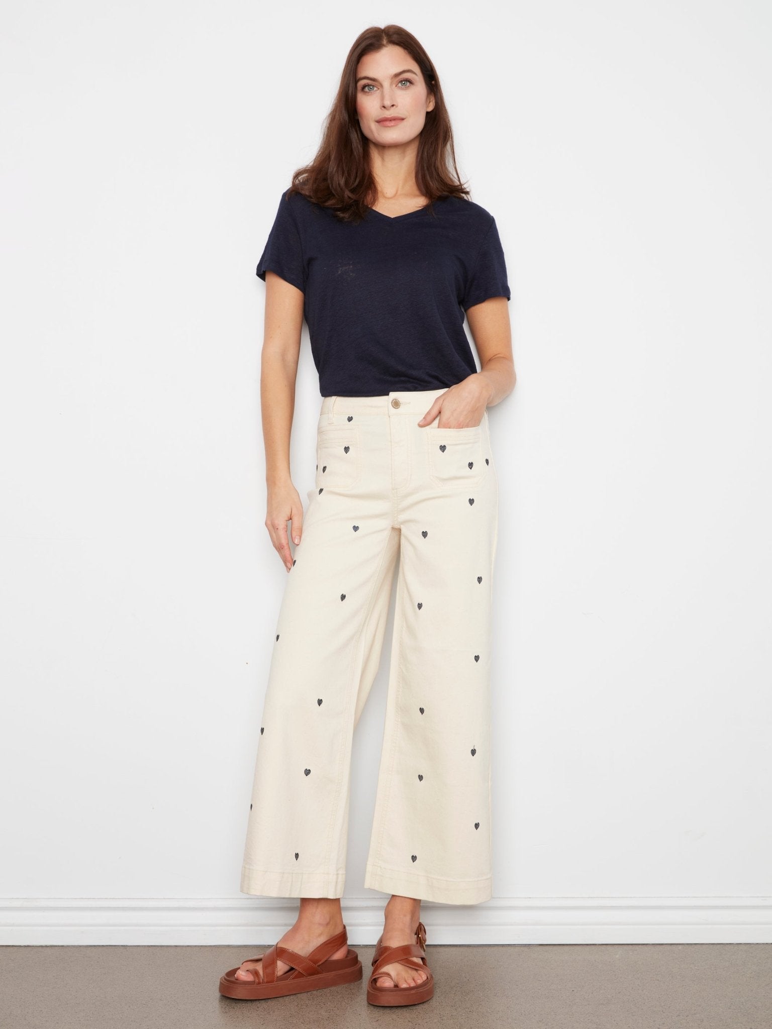 Embroidered Cropped Patch Pocket Flare Twill Pants - Natural - Charlie B - 690178745157 - Sugar River Shoppe - 