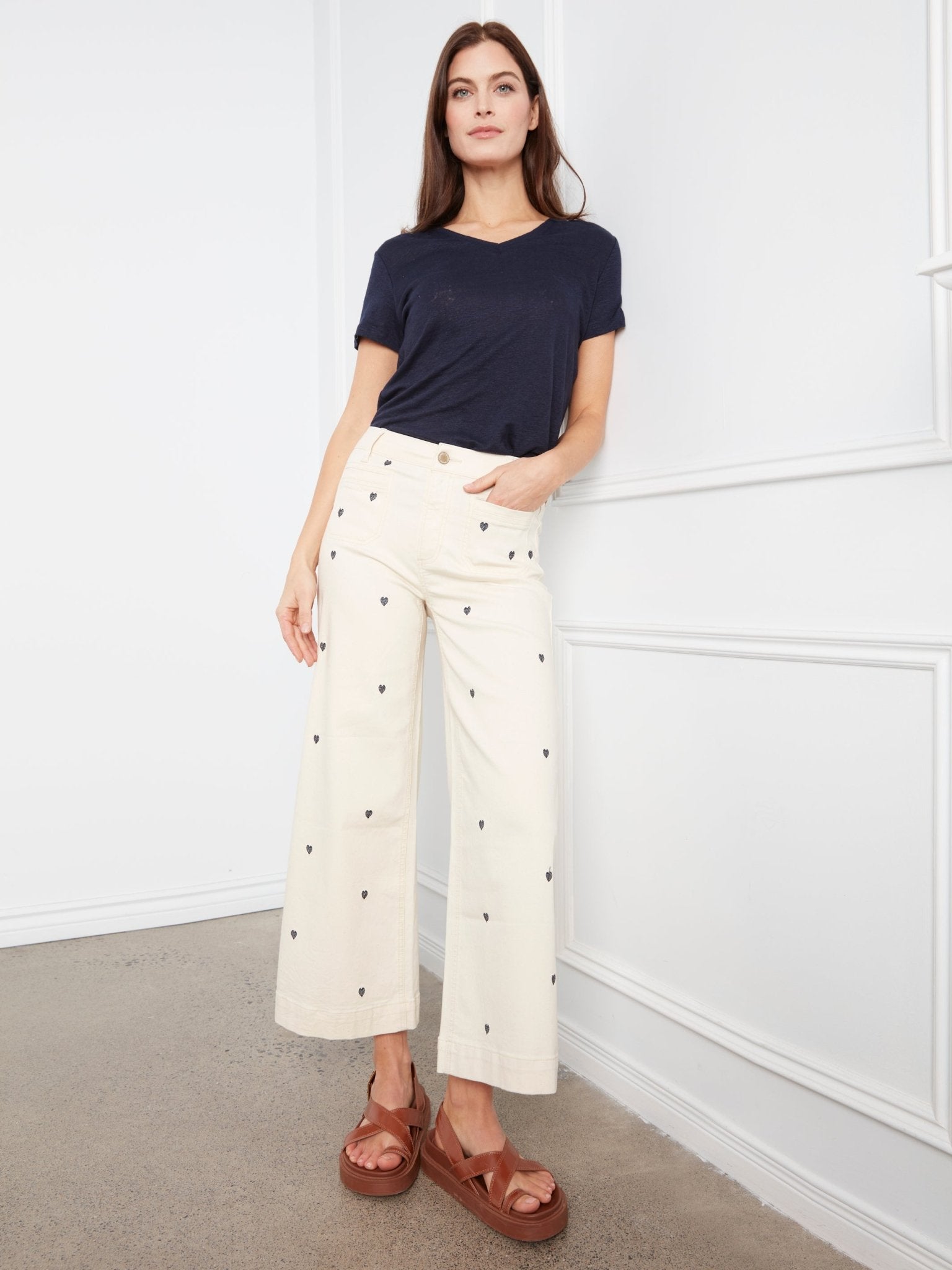 Embroidered Cropped Patch Pocket Flare Twill Pants - Natural - Charlie B - 690178745157 - Sugar River Shoppe - 