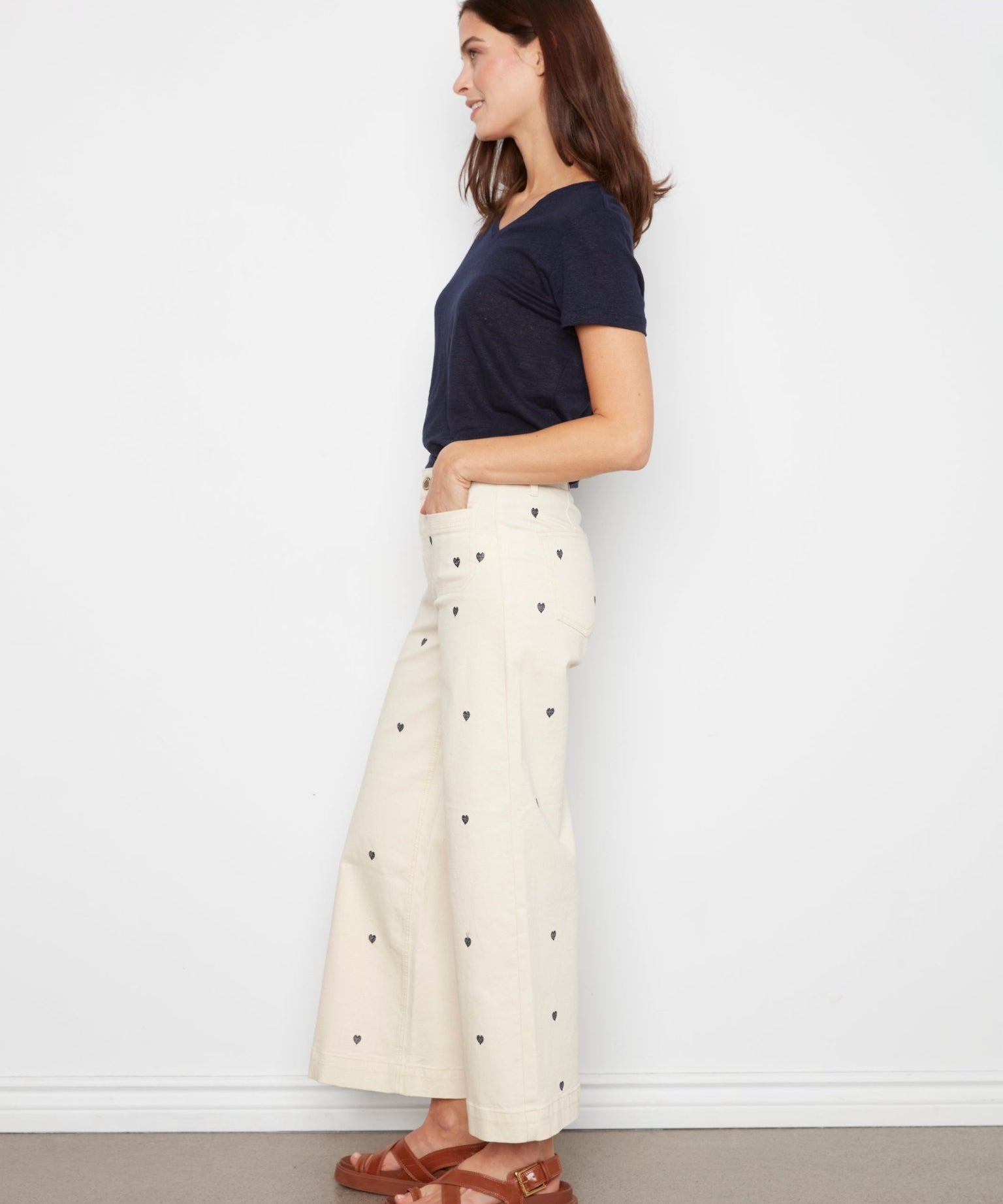 Embroidered Cropped Patch Pocket Flare Twill Pants - Natural - Charlie B - 690178745157 - Sugar River Shoppe - 