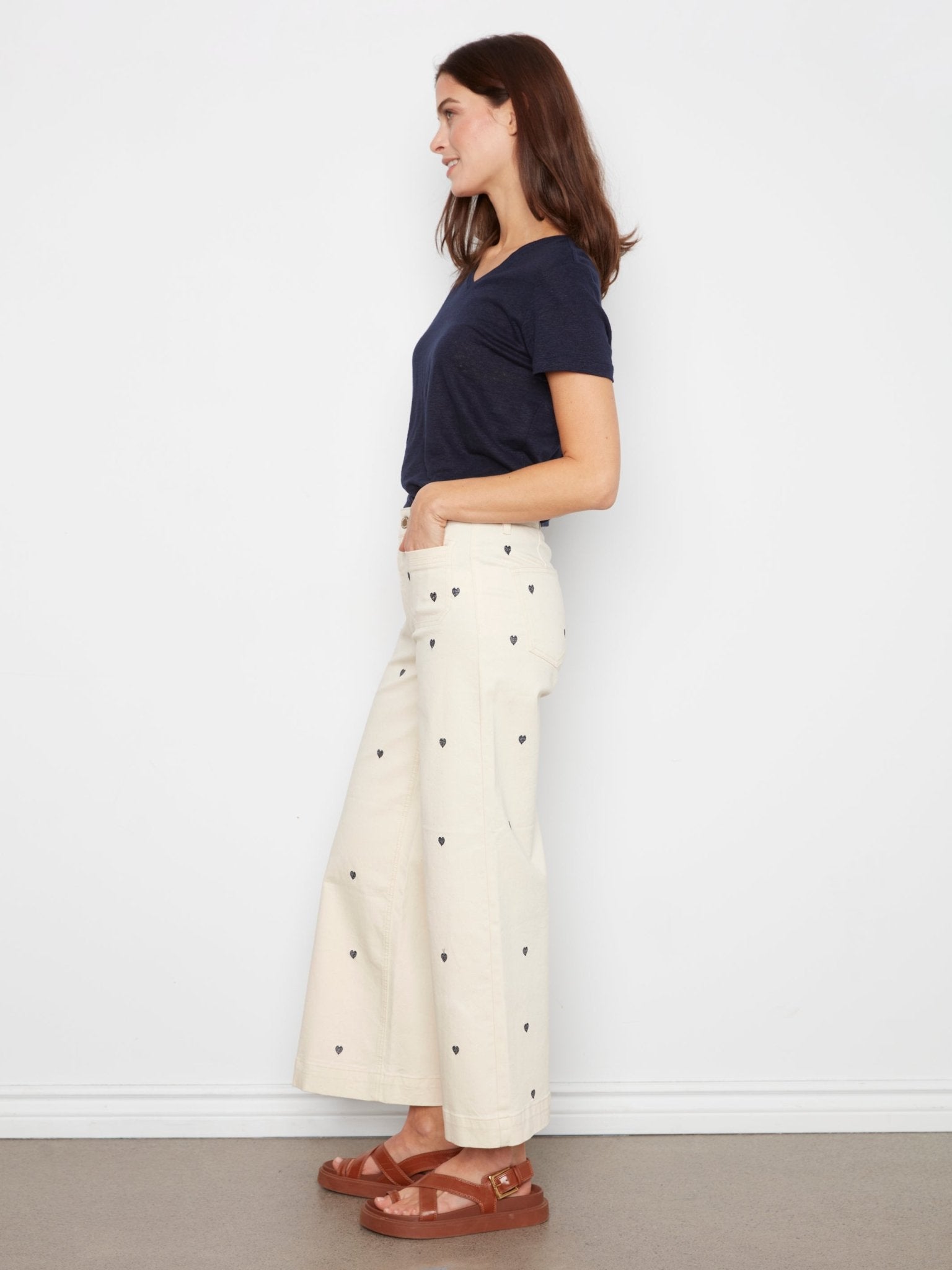 Embroidered Cropped Patch Pocket Flare Twill Pants - Natural - Charlie B - 690178745157 - Sugar River Shoppe - 