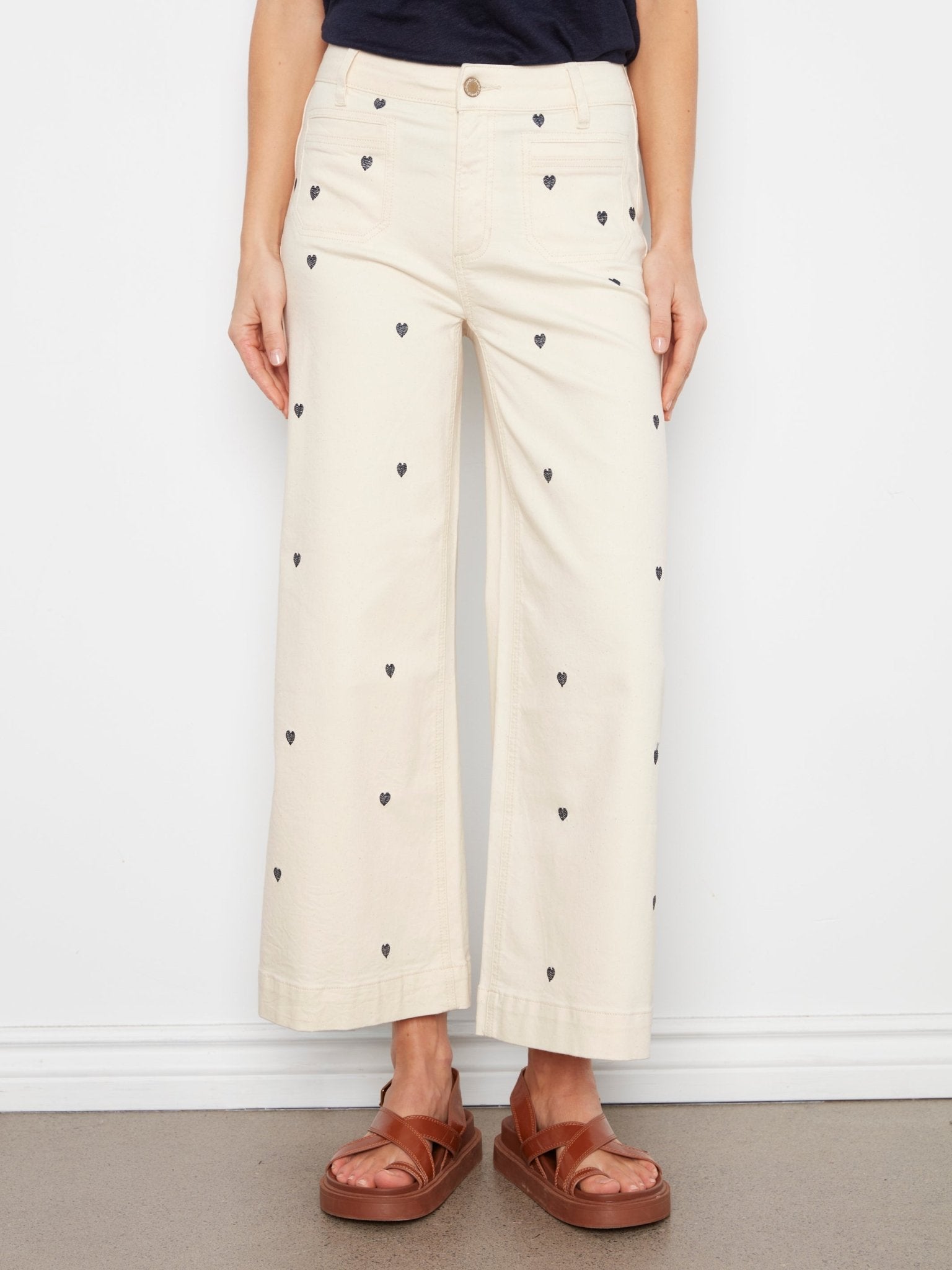 Embroidered Cropped Patch Pocket Flare Twill Pants - Natural - Charlie B - 690178745157 - Sugar River Shoppe - 
