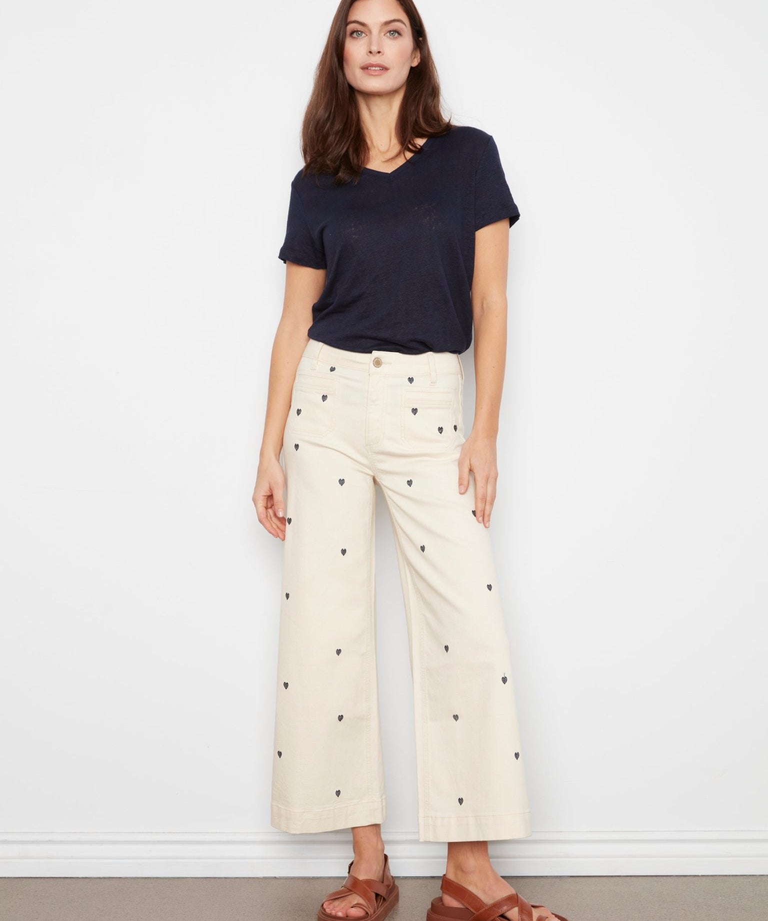 Embroidered Cropped Patch Pocket Flare Twill Pants - Natural - Charlie B - 690178745157 - Sugar River Shoppe - 