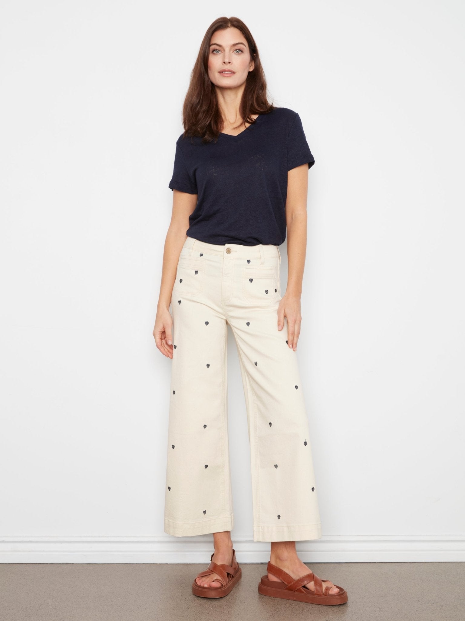 Embroidered Cropped Patch Pocket Flare Twill Pants - Natural - Charlie B - 690178745157 - Sugar River Shoppe - 