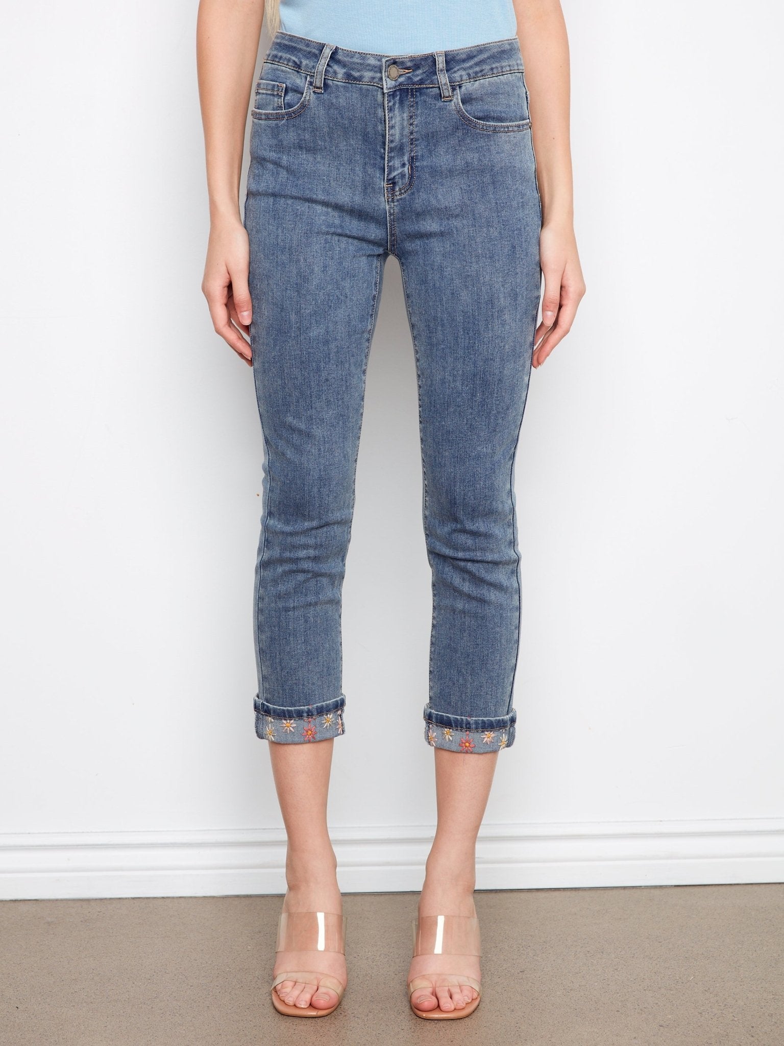 Embroidered Cuff Cropped Slim Leg Jeans - Medium Blue - Charlie B - 690178736711 - Sugar River Shoppe - 