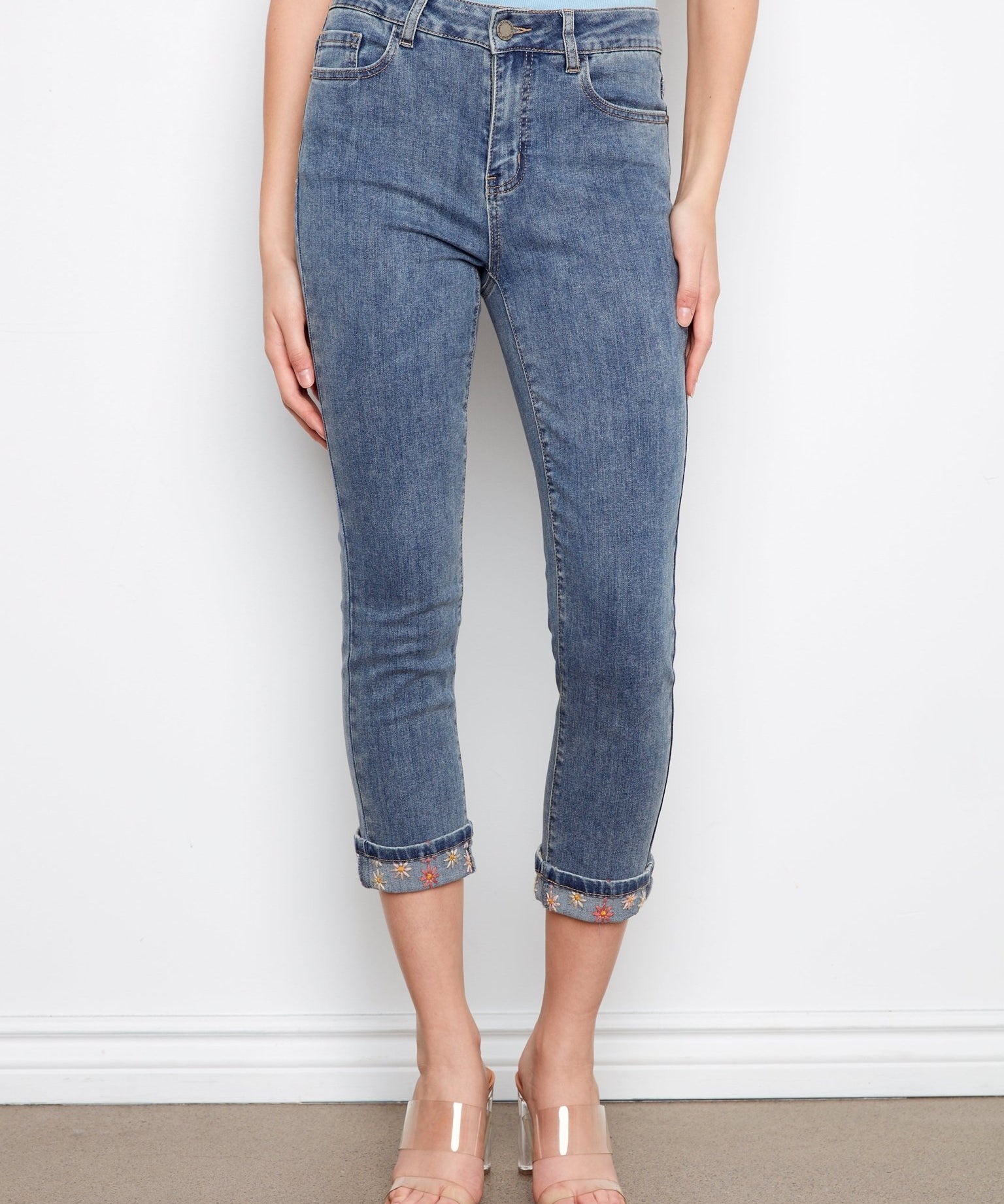 Embroidered Cuff Cropped Slim Leg Jeans - Medium Blue - Charlie B - 690178736711 - Sugar River Shoppe - 