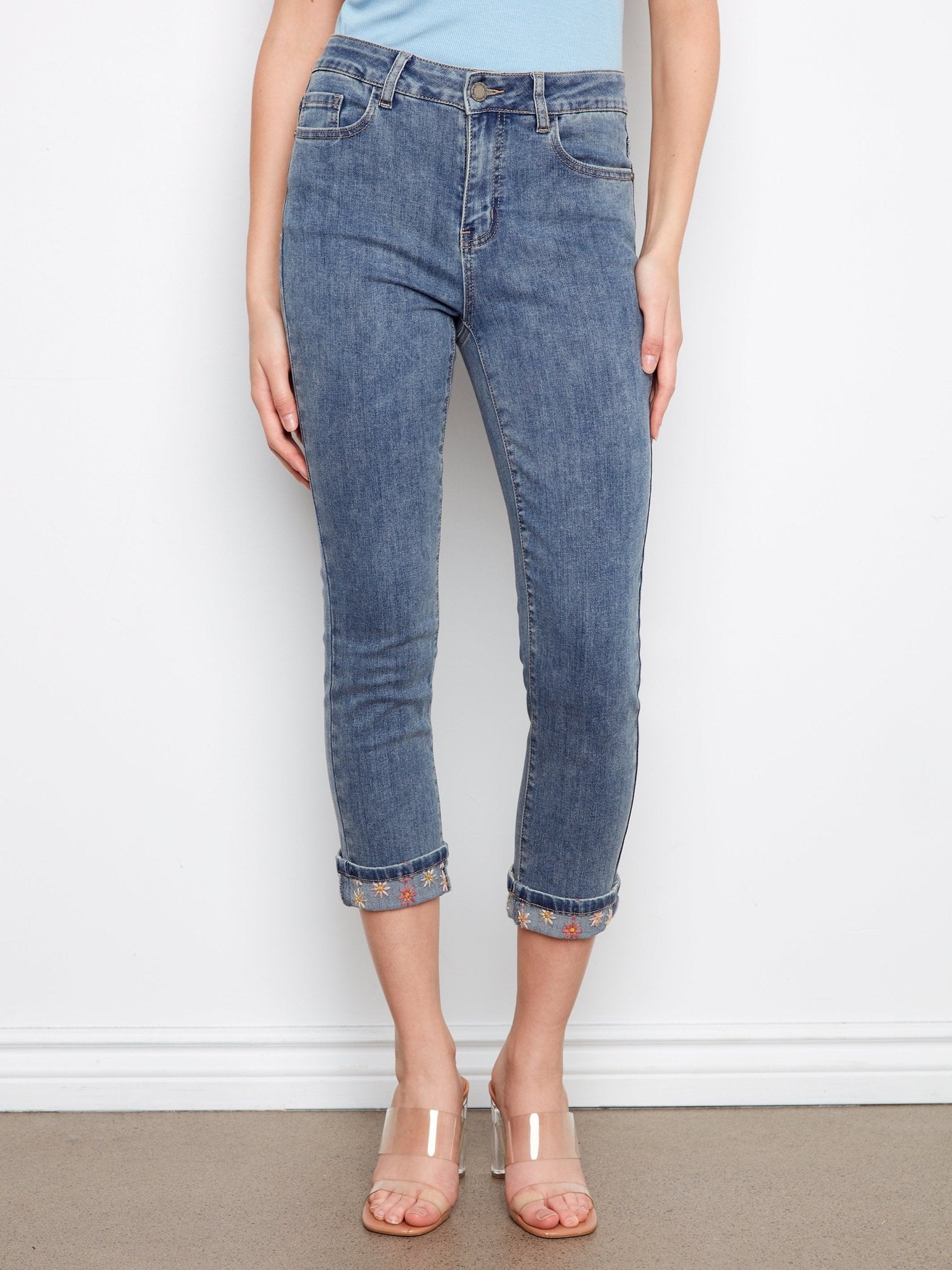 Embroidered Cuff Cropped Slim Leg Jeans - Medium Blue - Charlie B - 690178736711 - Sugar River Shoppe - 