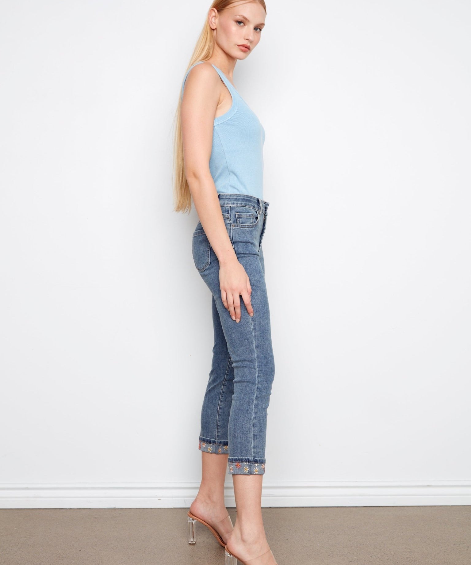 Embroidered Cuff Cropped Slim Leg Jeans - Medium Blue - Charlie B - 690178736711 - Sugar River Shoppe - 