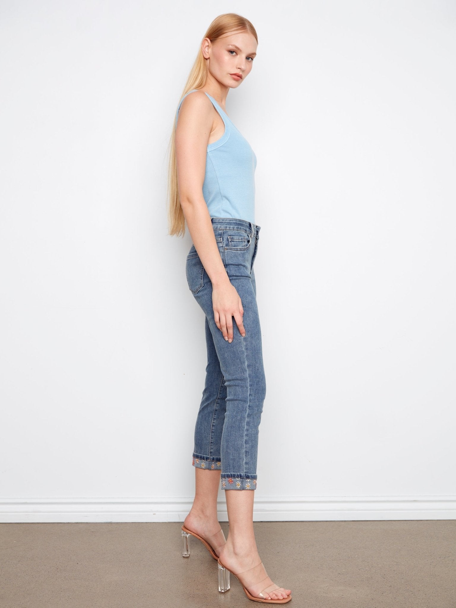 Embroidered Cuff Cropped Slim Leg Jeans - Medium Blue - Charlie B - 690178736711 - Sugar River Shoppe - 