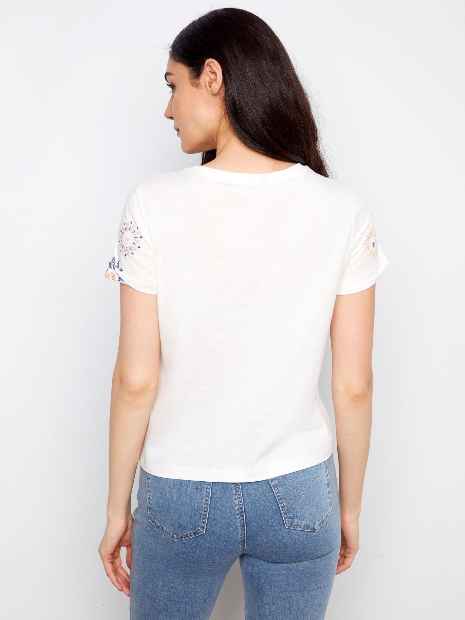 Embroidered Front Cotton Jersey T-Shirt with Rolled Cuffs - Charlie B - 690178769269 - Sugar River Shoppe - 