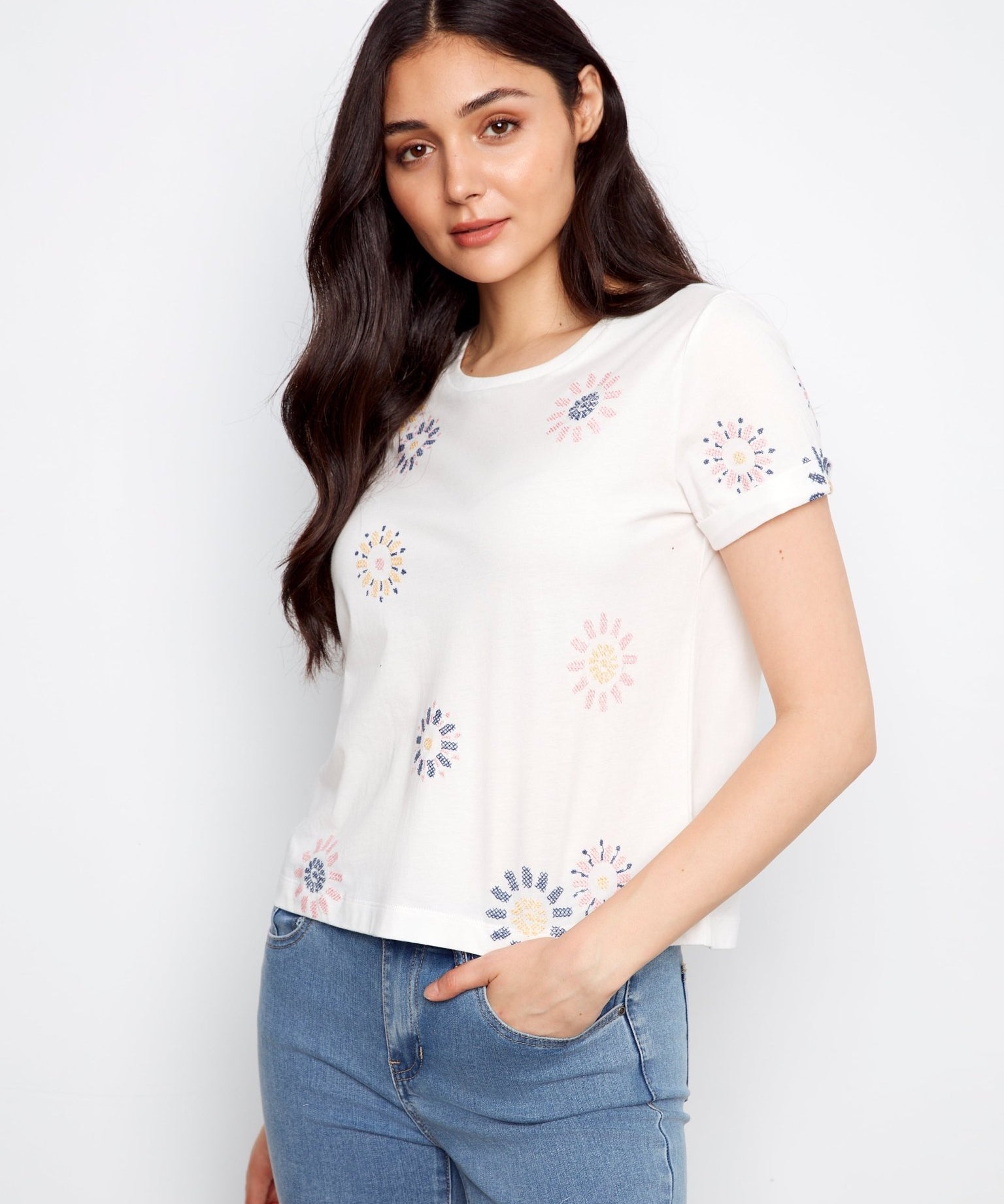 Embroidered Front Cotton Jersey T-Shirt with Rolled Cuffs - Charlie B - 690178769269 - Sugar River Shoppe - 