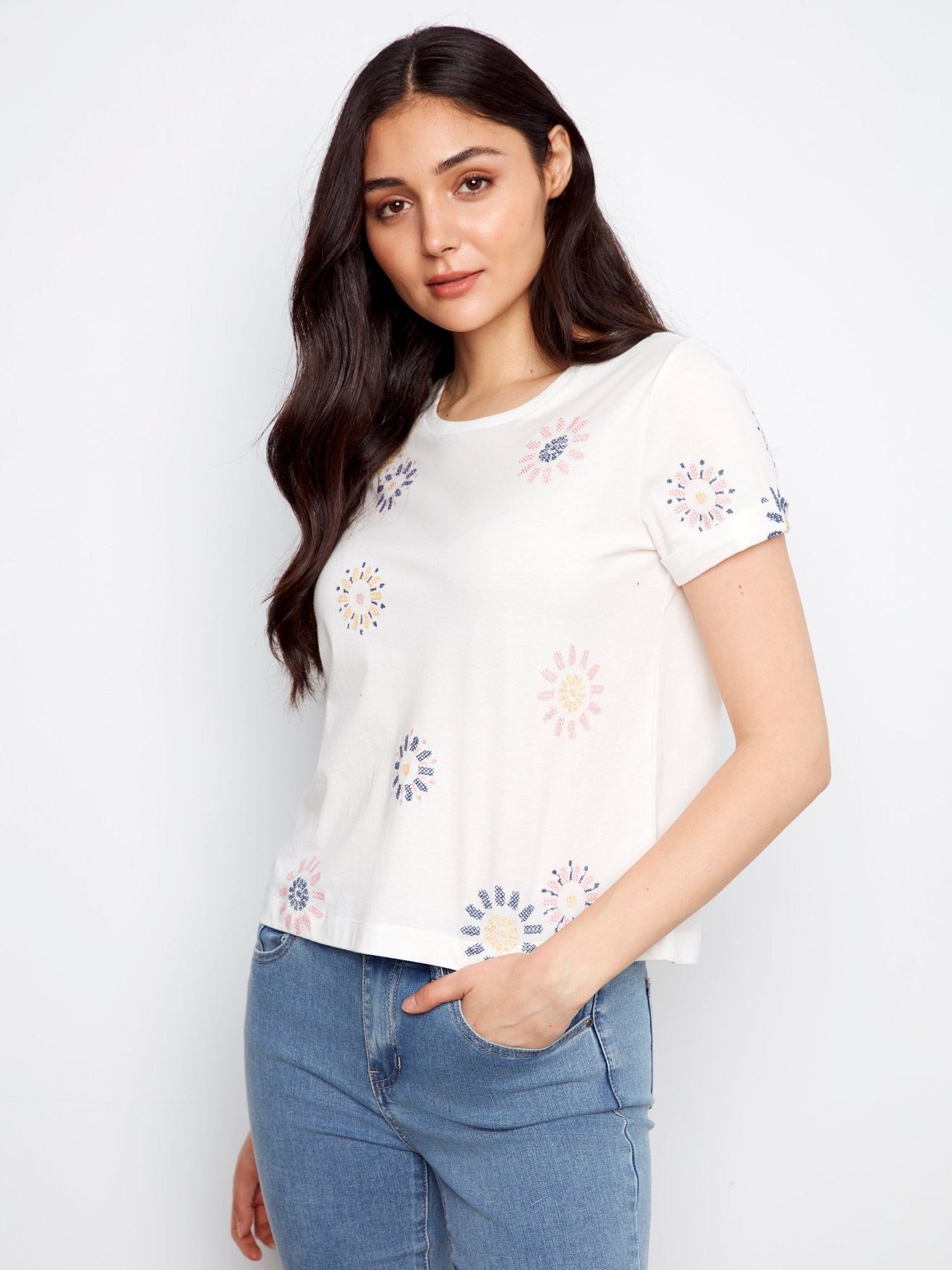 Embroidered Front Cotton Jersey T-Shirt with Rolled Cuffs - Charlie B - 690178769269 - Sugar River Shoppe - 