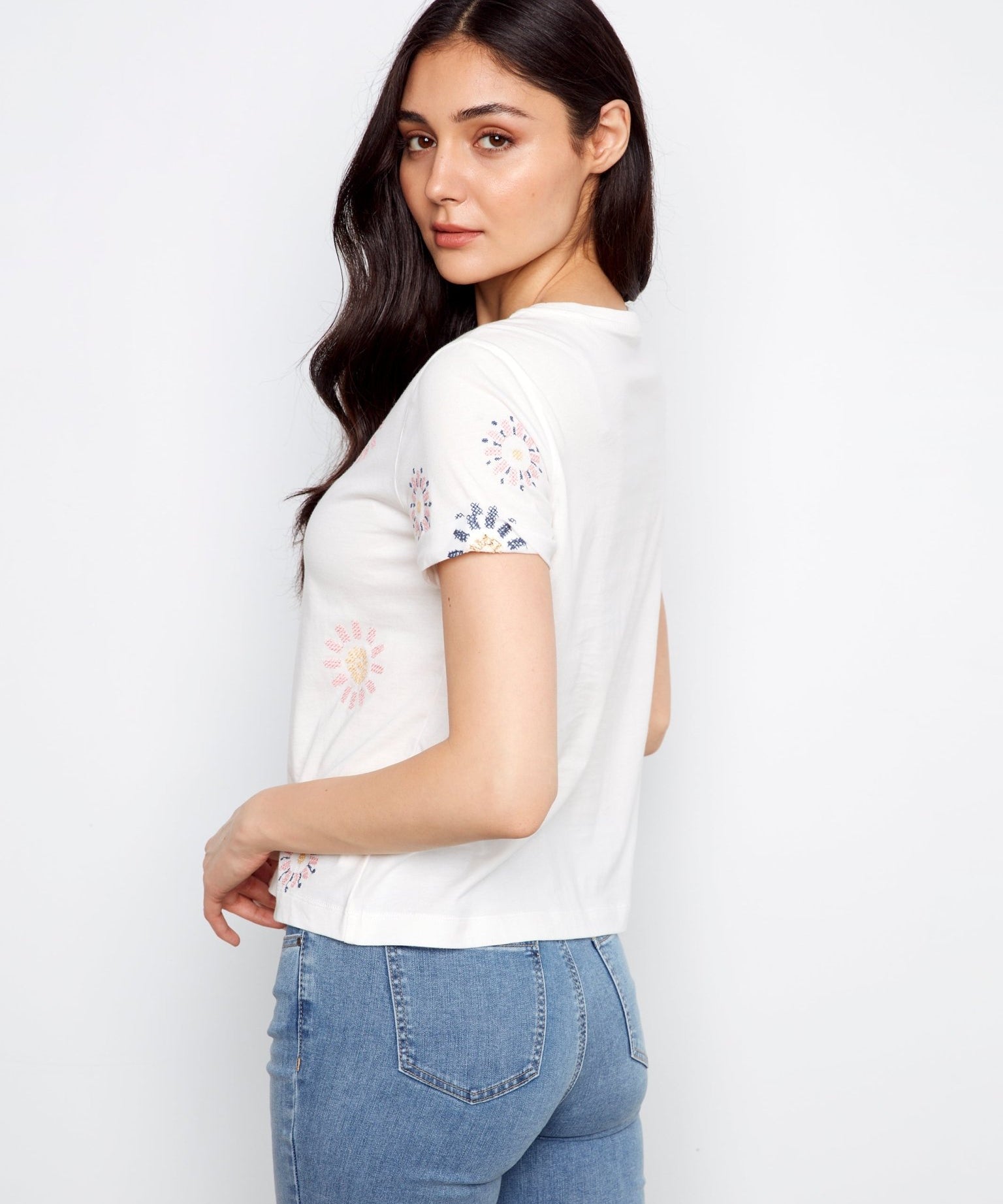 Embroidered Front Cotton Jersey T-Shirt with Rolled Cuffs - Charlie B - 690178769269 - Sugar River Shoppe - 