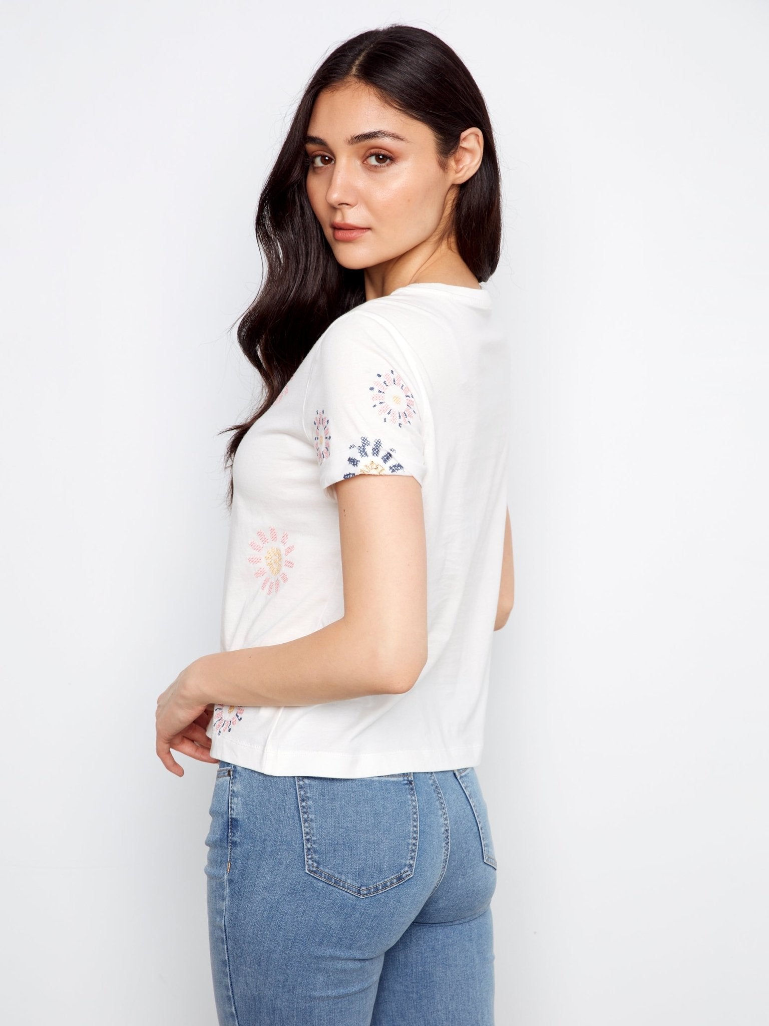 Embroidered Front Cotton Jersey T-Shirt with Rolled Cuffs - Charlie B - 690178769269 - Sugar River Shoppe - 