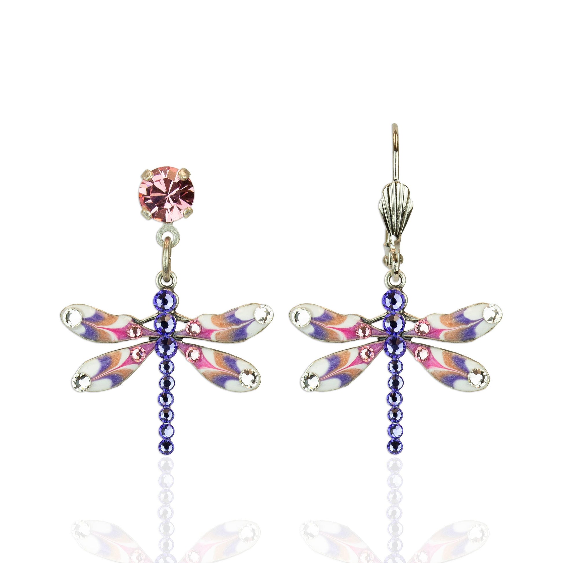 Spring Multicolor Unique Enamel Crystal Dragonfly Earrings: Leverback - Sugar River Shoppe