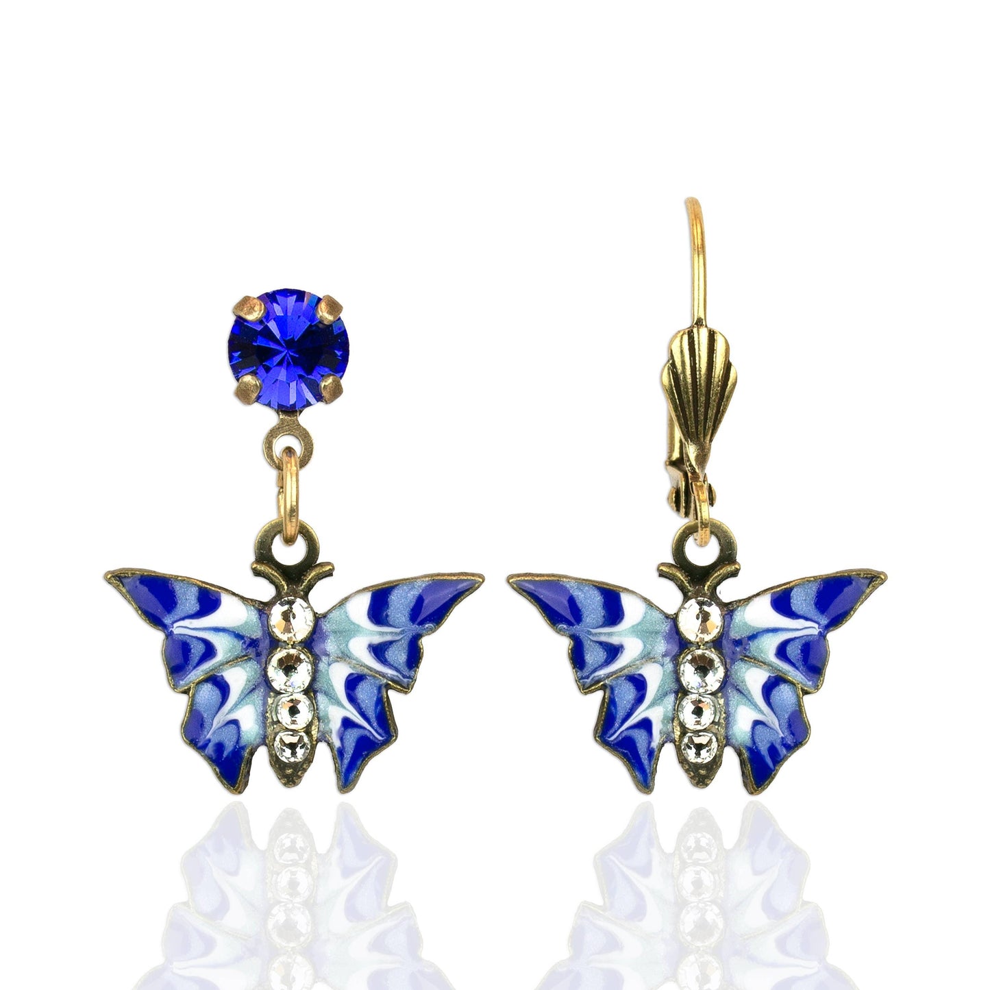 Blue and White Unique Enamel Crystal Butterfly Earrings: Leverback - Sugar River Shoppe