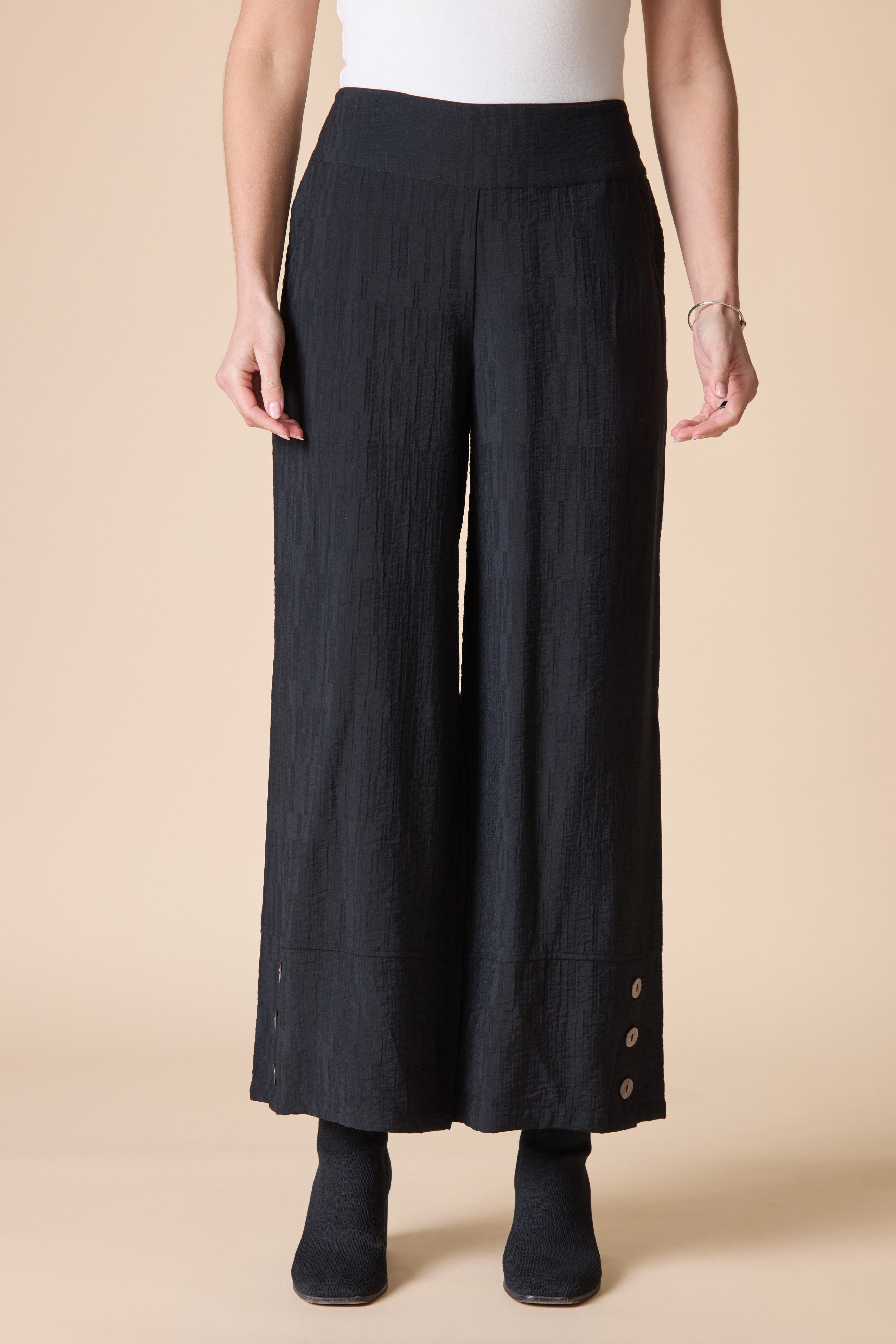 Rayon Jacquard Button-Hem Pant - Black
