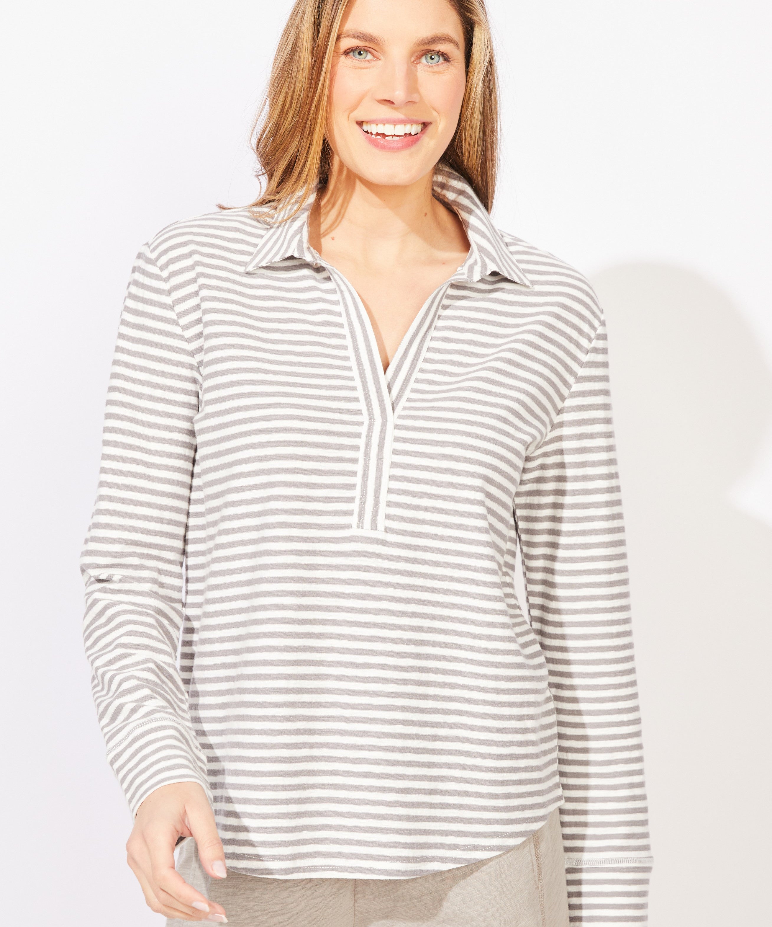 Verona Stripe Primo Split Neck - Pearl